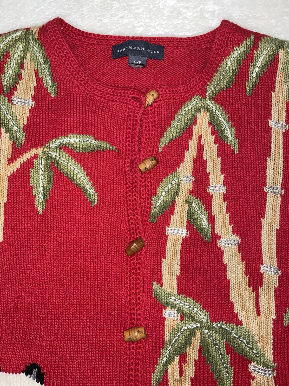 Northern Isles Vintage red Panda Bears Bamboo button front cardigan Knit Sweater
