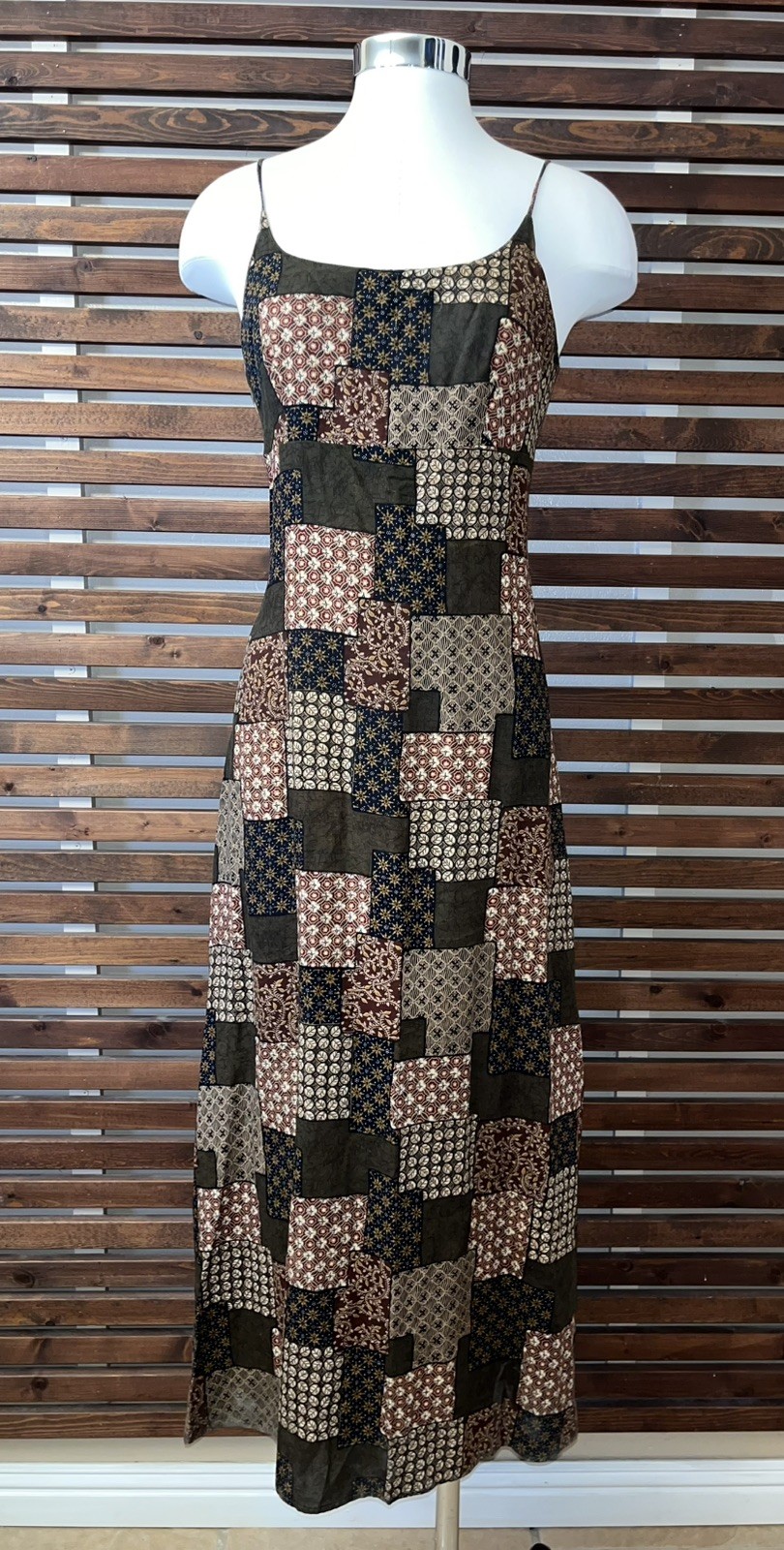 Vintage 1990s 90s Patchwork Print Brown Spaghetti Strap Grunge CTME Dress 3/4