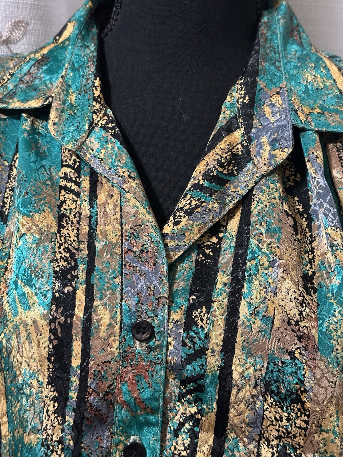 Vintage Da-Rue Of California Teal Gold Long Sleeve Elastic Waist Blouse Med?