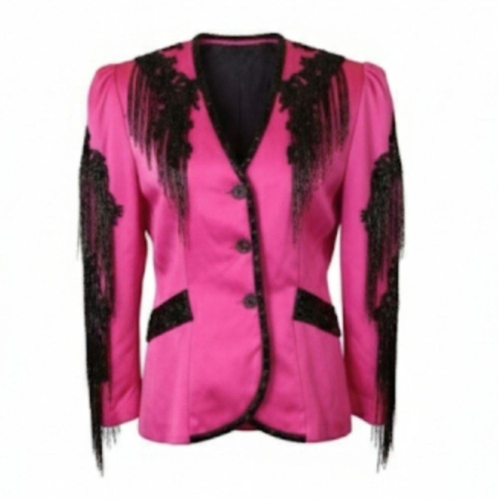 VTG 80s Huey Waltzer for Darcy Pink Black Beaded Fringe Couture Jacket Small