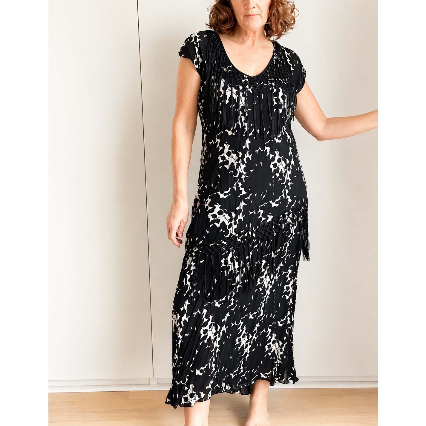 VTG 90s Sheer Black Floral Fringe Neckline Bias Cut Fairy Midi Dress Piano Shaw