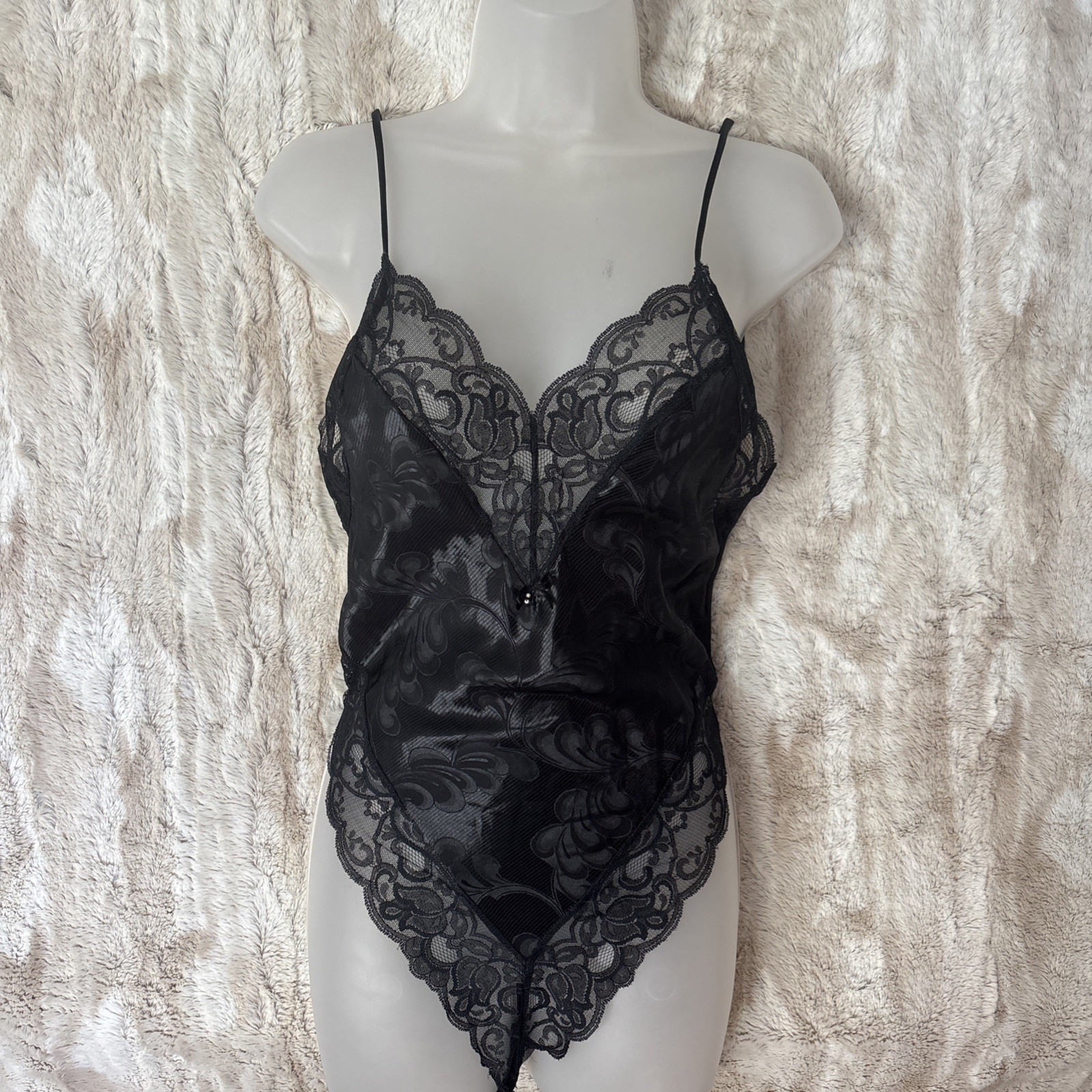 Vintage Delicates Shiny Satin & Lace Teddy Small Black Bodysuit Romper Snap USA