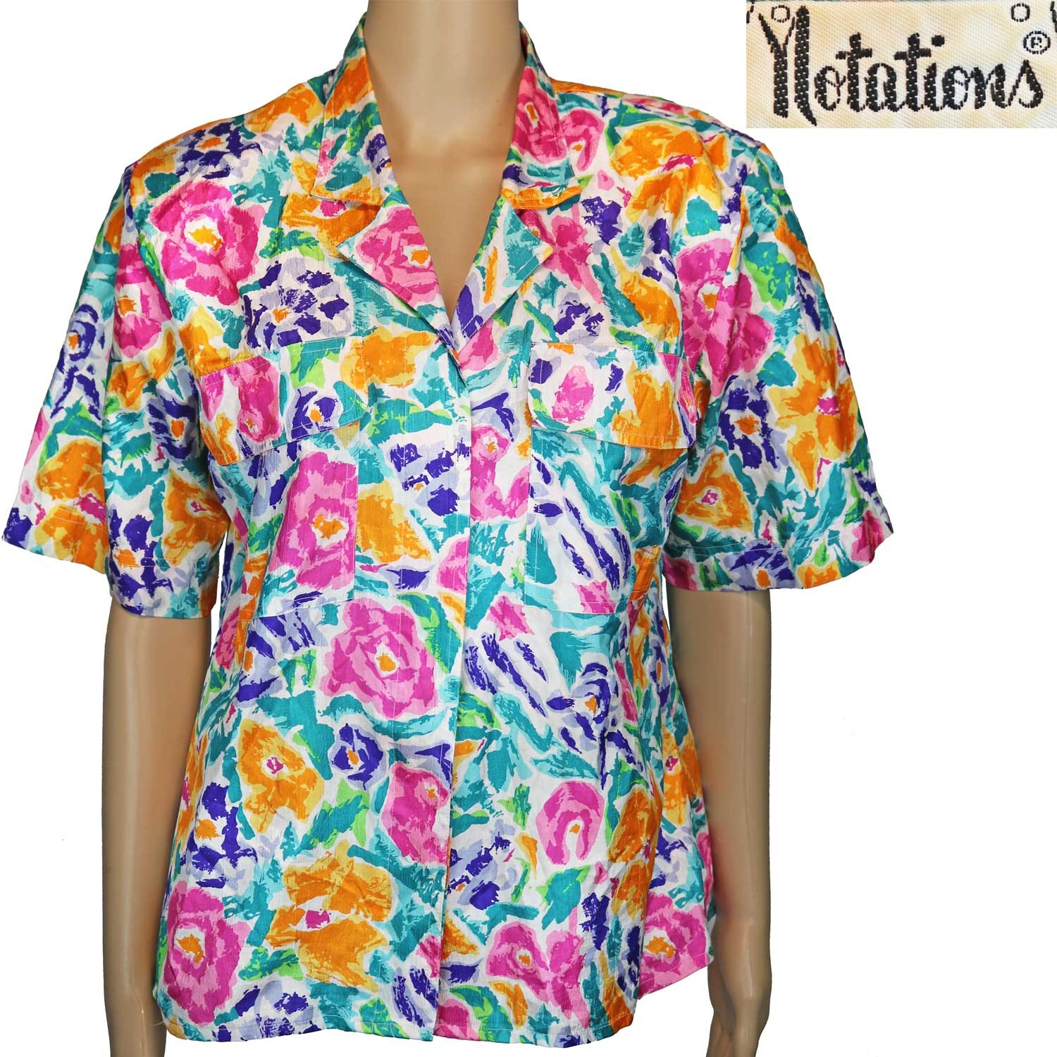1980s Vintage Blouse Shirt Top Shiny Parachute Fabric Floral Light Spring M 10