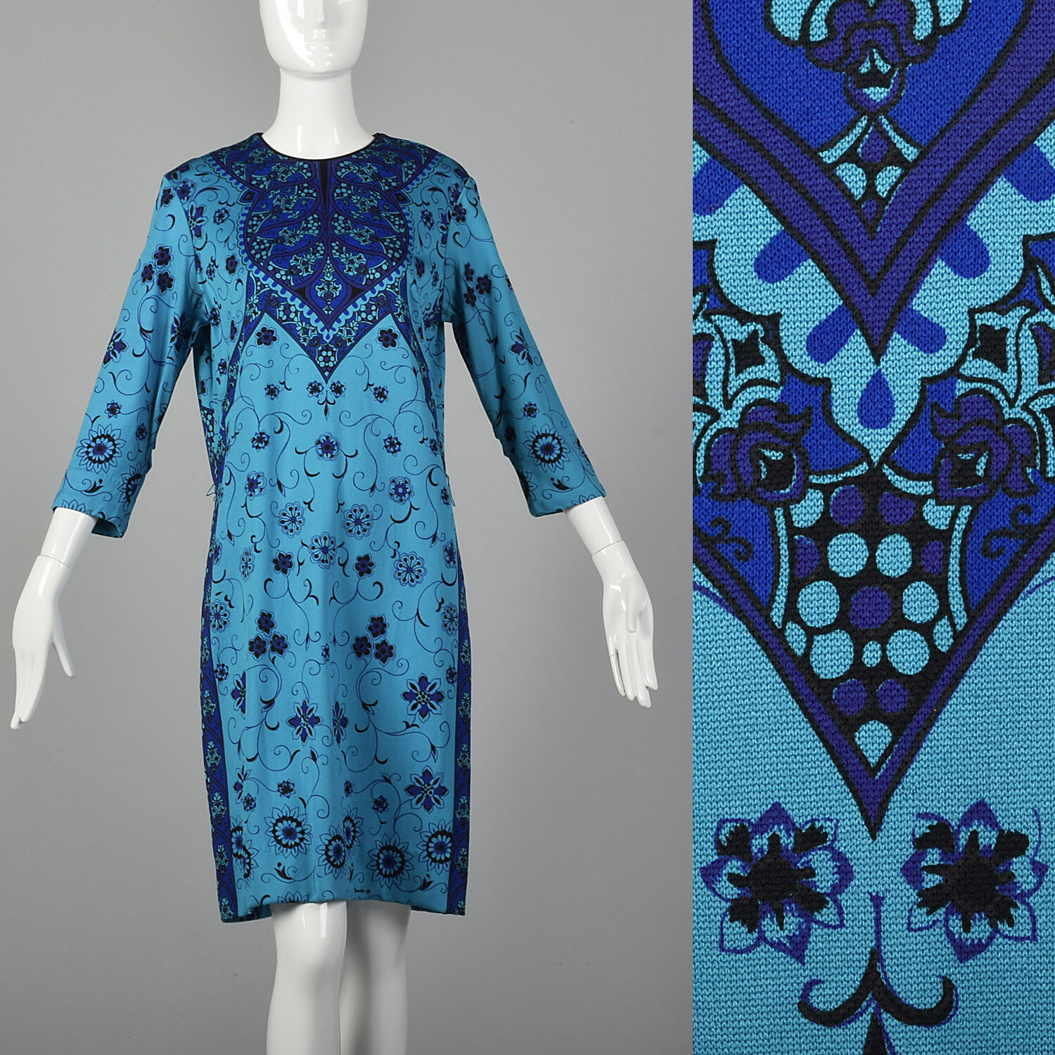 L Blue Dress 1970s Floral Printed Black Boho Bohemian Teal Classic Shift 70s VTG