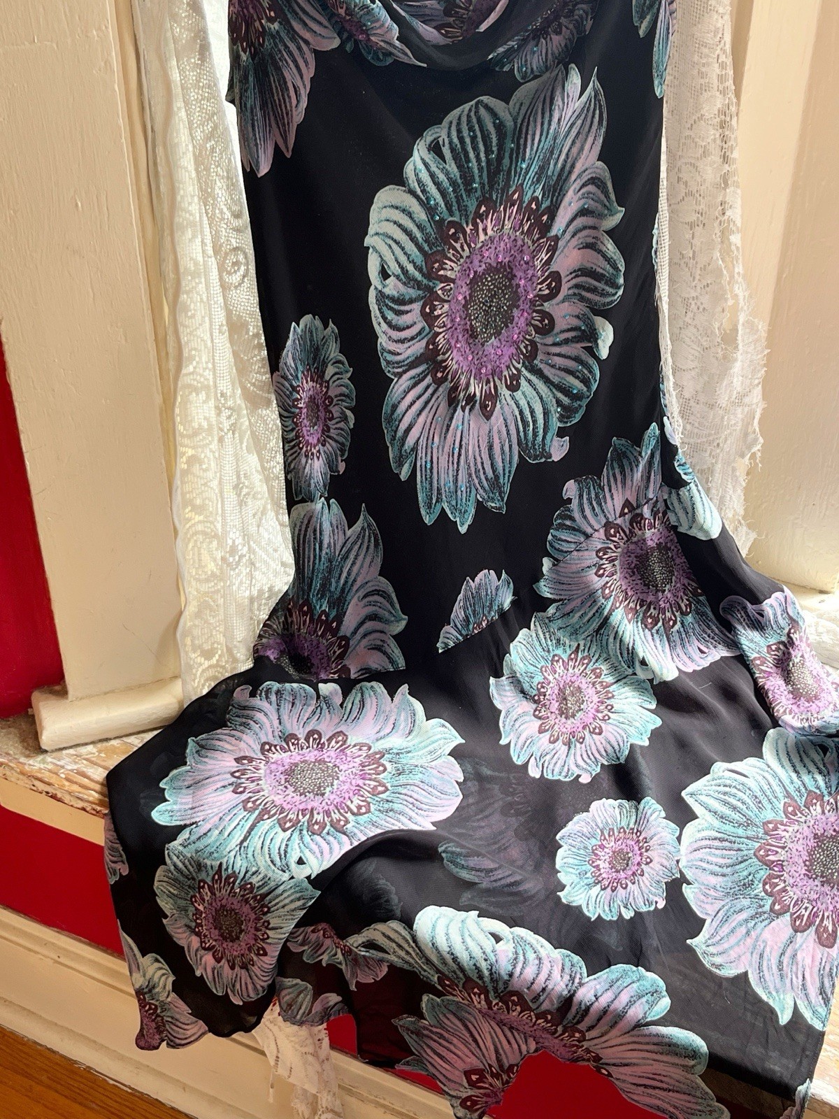 Vintage 1990s Black Chiffon Blue Purple Floral Print Grunge Cowl Neck Dress L