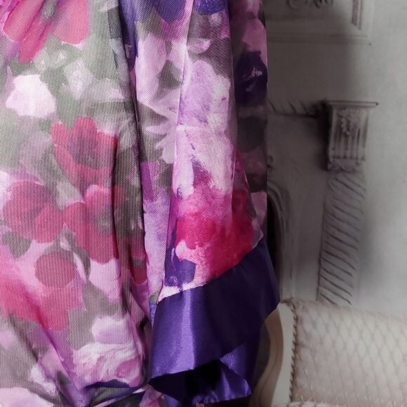 Vintage Sheer Floral Purple Multi-Color Double Tie Waist Robe Size Medium