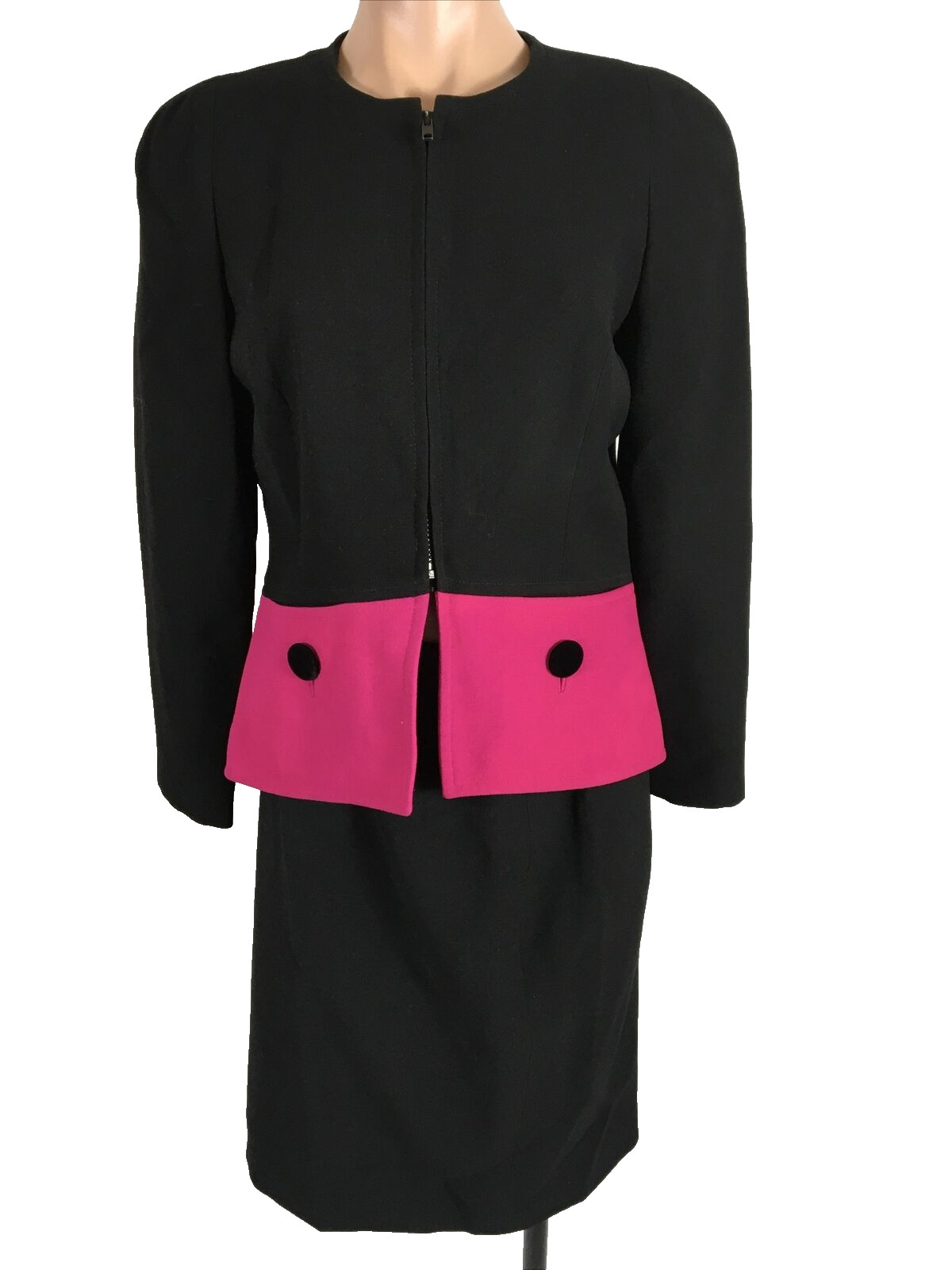 Vintage 80s Black Hot Pink Skirt Suit MOD Retro Stanley Platos Martin Ross Sz 8