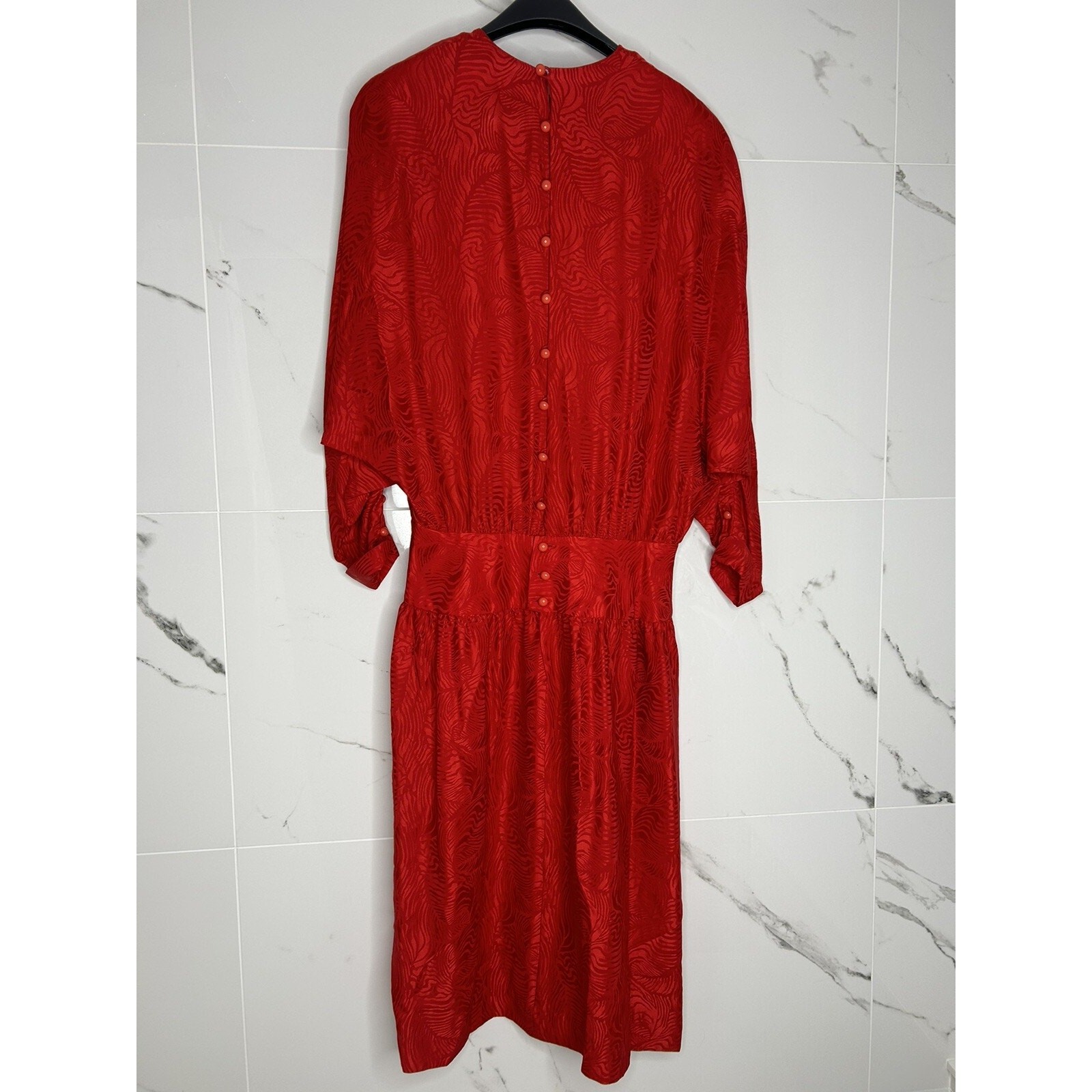 Vtg 80S SILK Jerri Sherman Midi Dress 12/L Red Jacquard Drop Waist Holidays