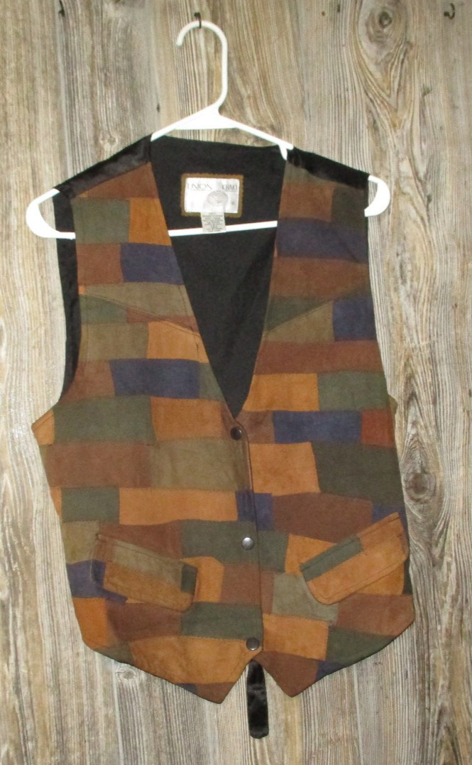Union Khaki Vintage Suede Leather Patchwork Vest size Large Fairy Grunge 80s 90s