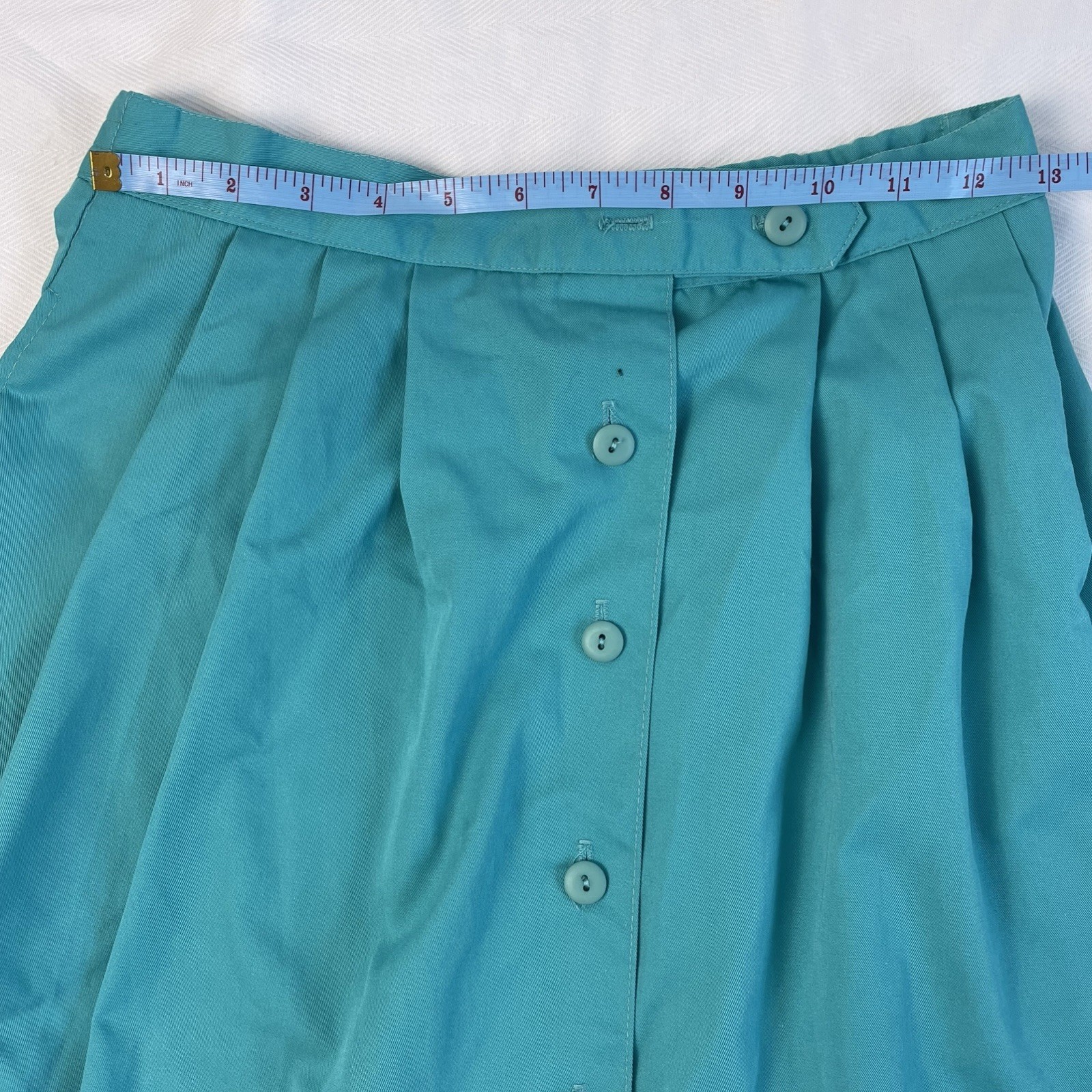 Vintage 80s XS Teal Button Front Midi Skirt High Rise A-Line Turquoise Preppy
