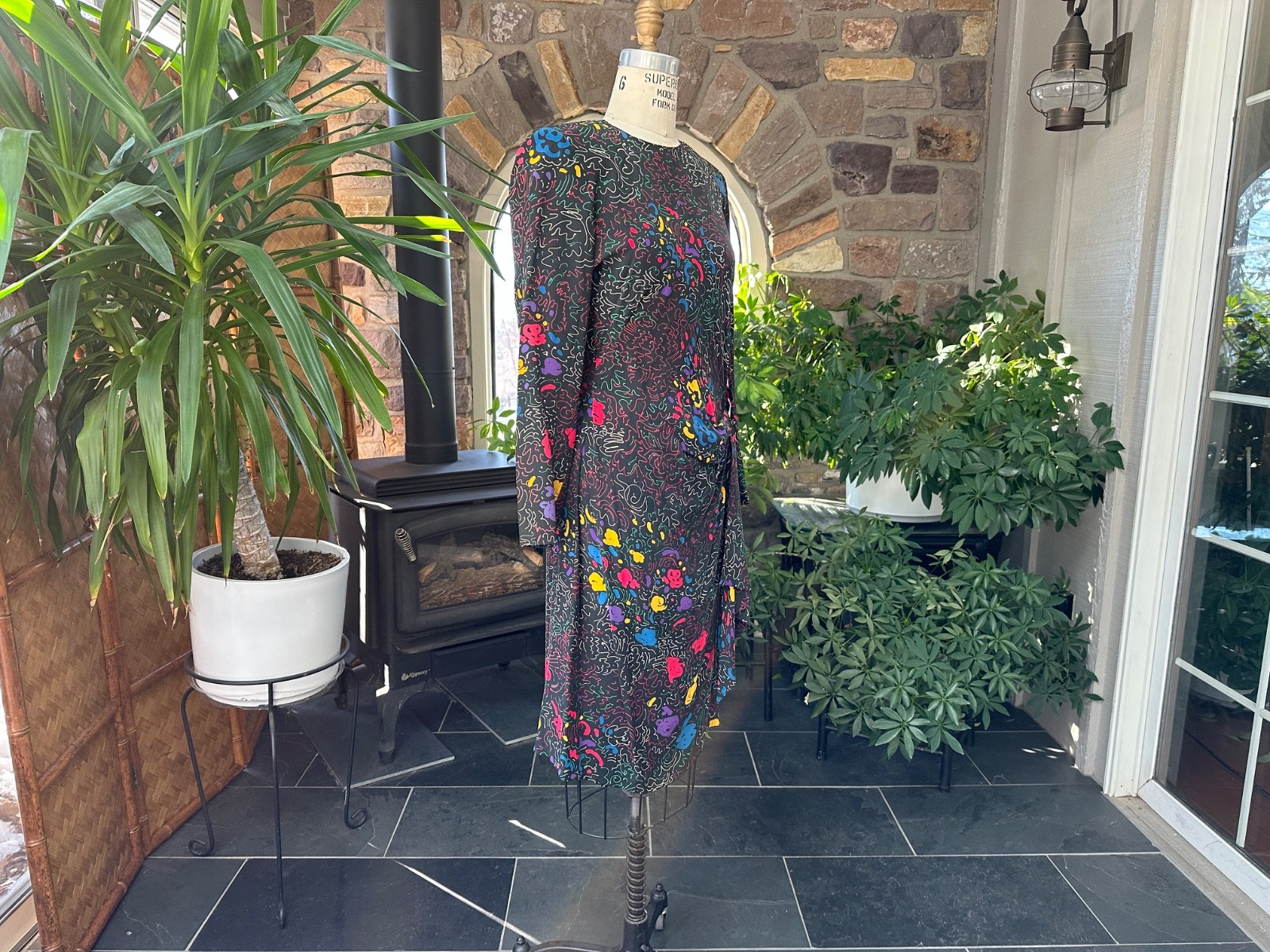 Vintage 1990s Black and Primary Color Abstract Silk Sarong Style Dress Nora Noh