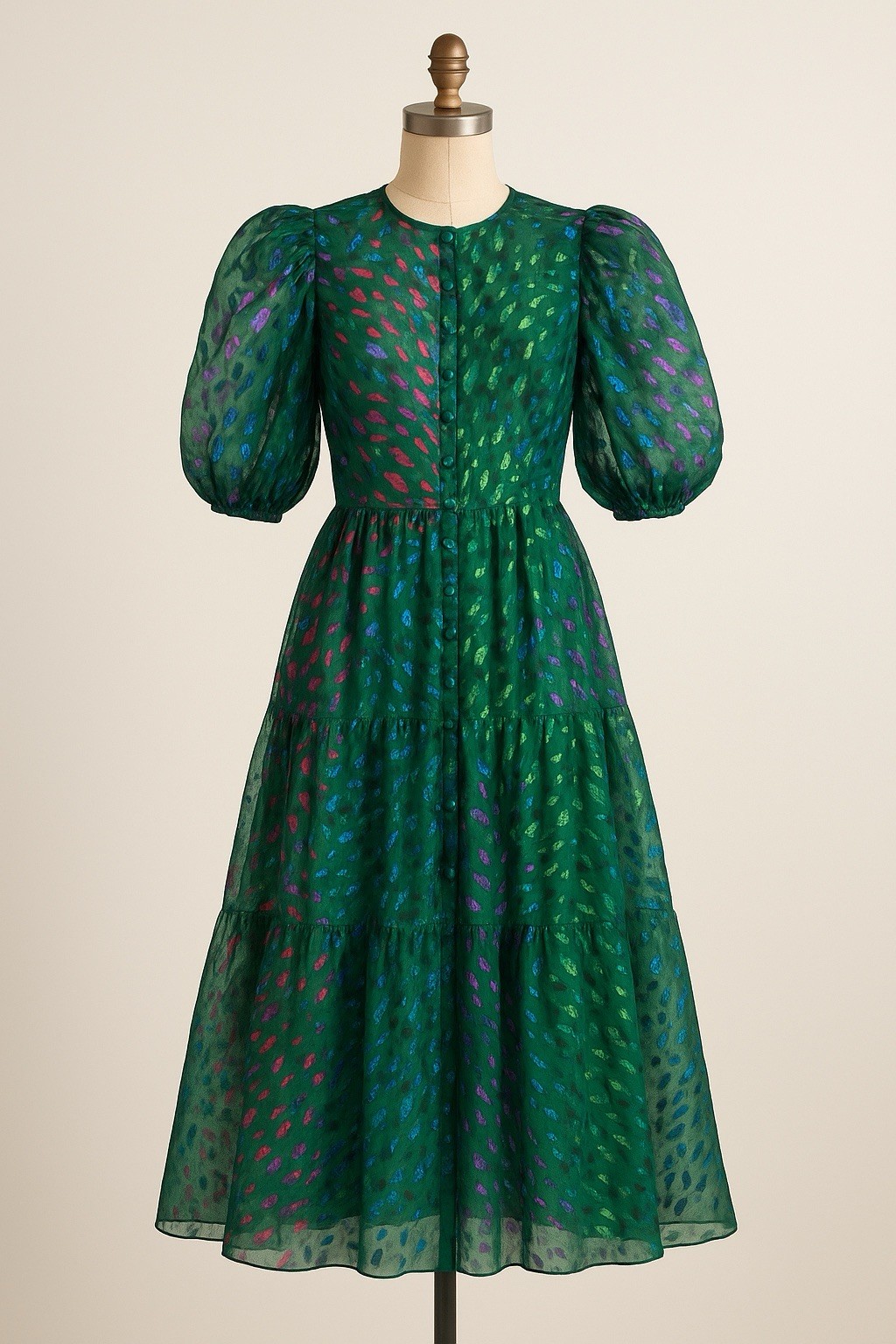 Sheer Foil Leaf Print Puff Sleeve Midi Dress Green Multicolor 34 Bust 30 Waist