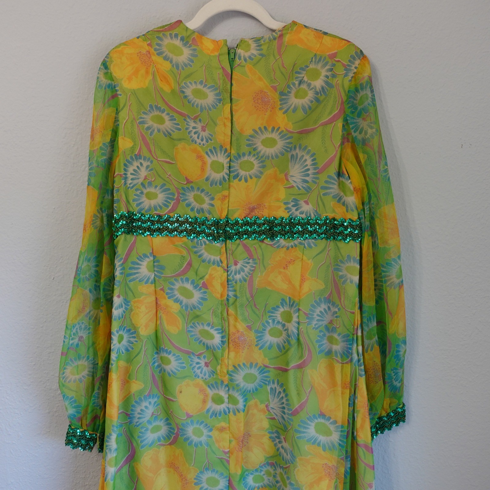 Vintage Boho Hippie Handmade Floral Maxi Dress Green Yellow Sequin 60s 70s Large