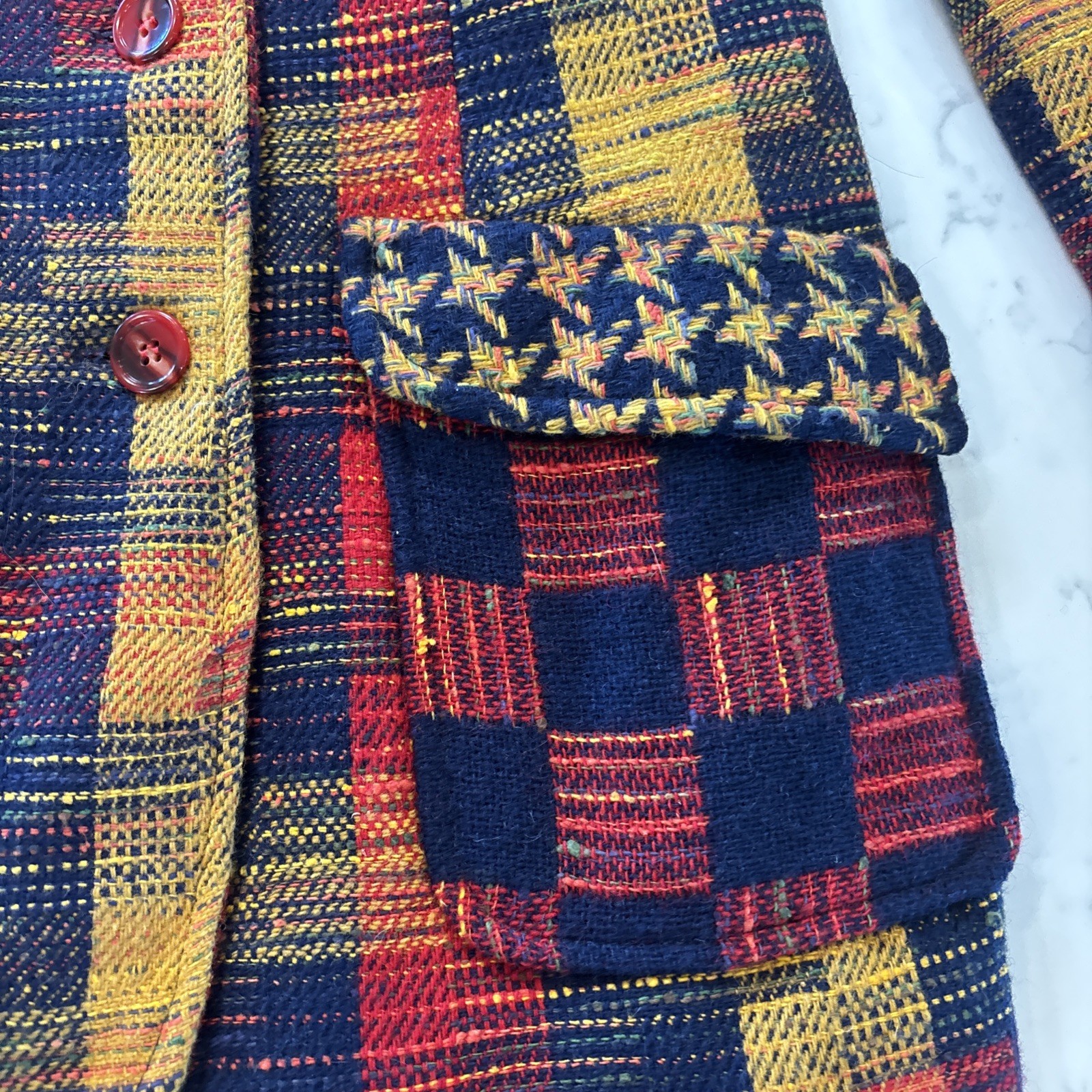 VTG 1970s Patchwork Plaid Wool Blazer Wide Lapels Retro Red Yellow Black Sz XS