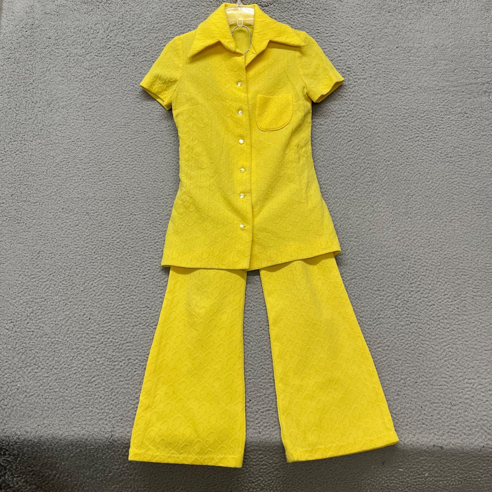 60’s Leisure Pant Set Womens S Yellow Geometric Textured Dacron Polyester 70’s
