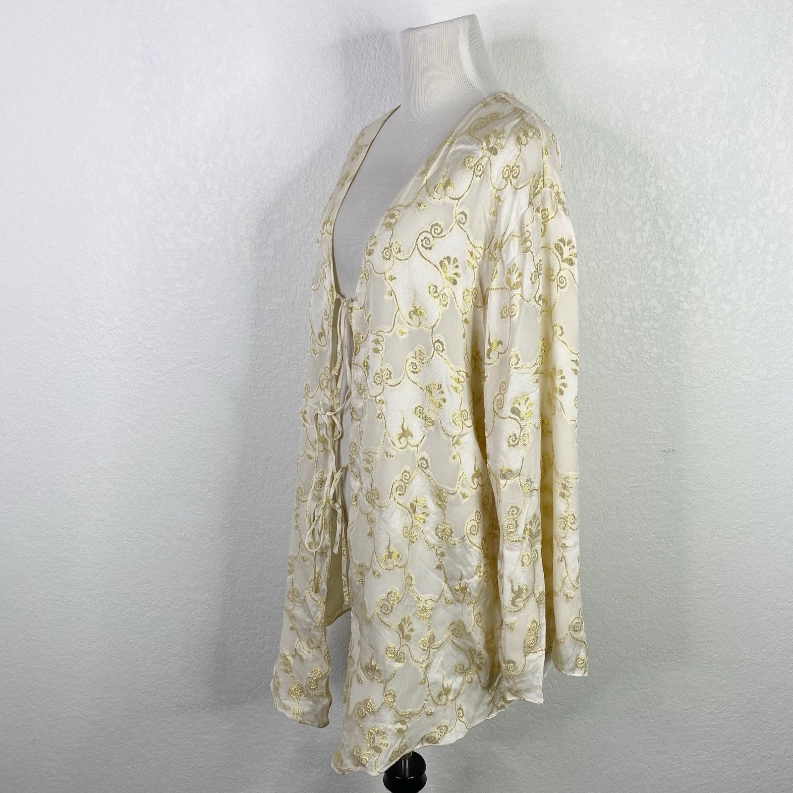Vintage Lingerie Collection Womens Size Large 100% Silk Cream Gold Kimono Robe