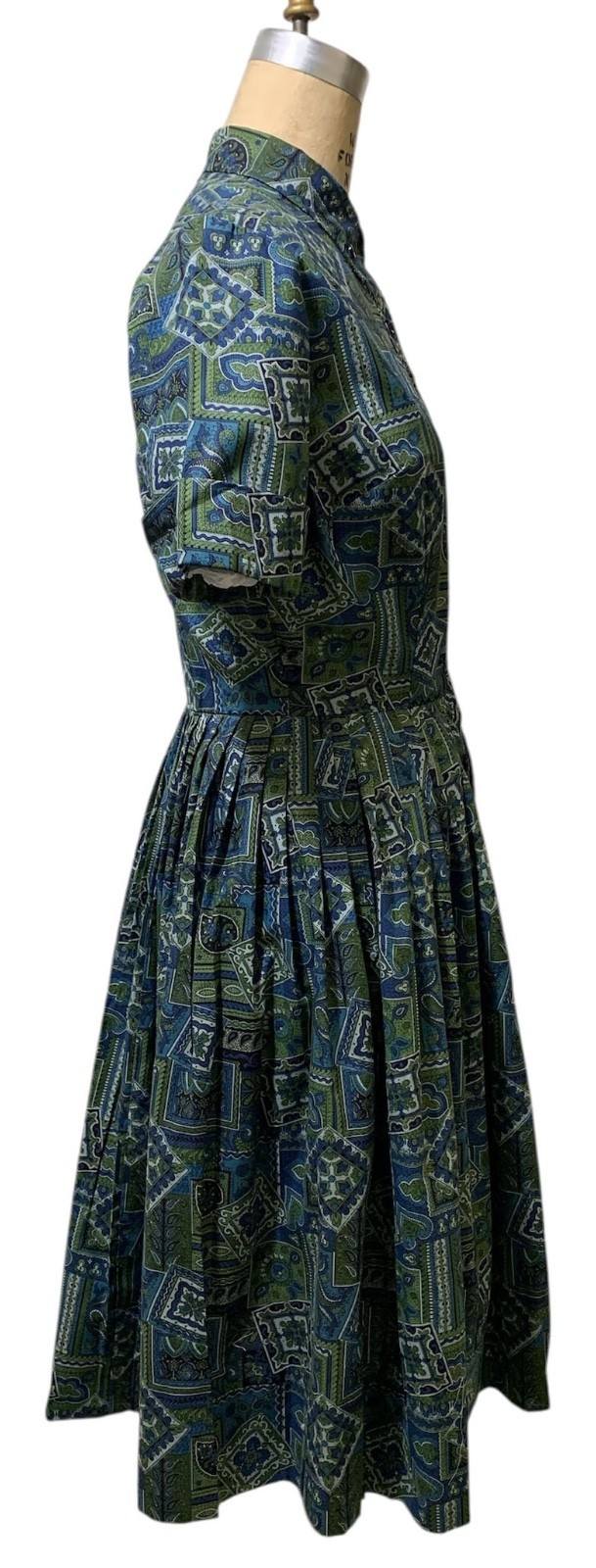 Vintage 60s Women’s SS Blue Green Paisley Cotton Shirtwaist Dress – Sz M