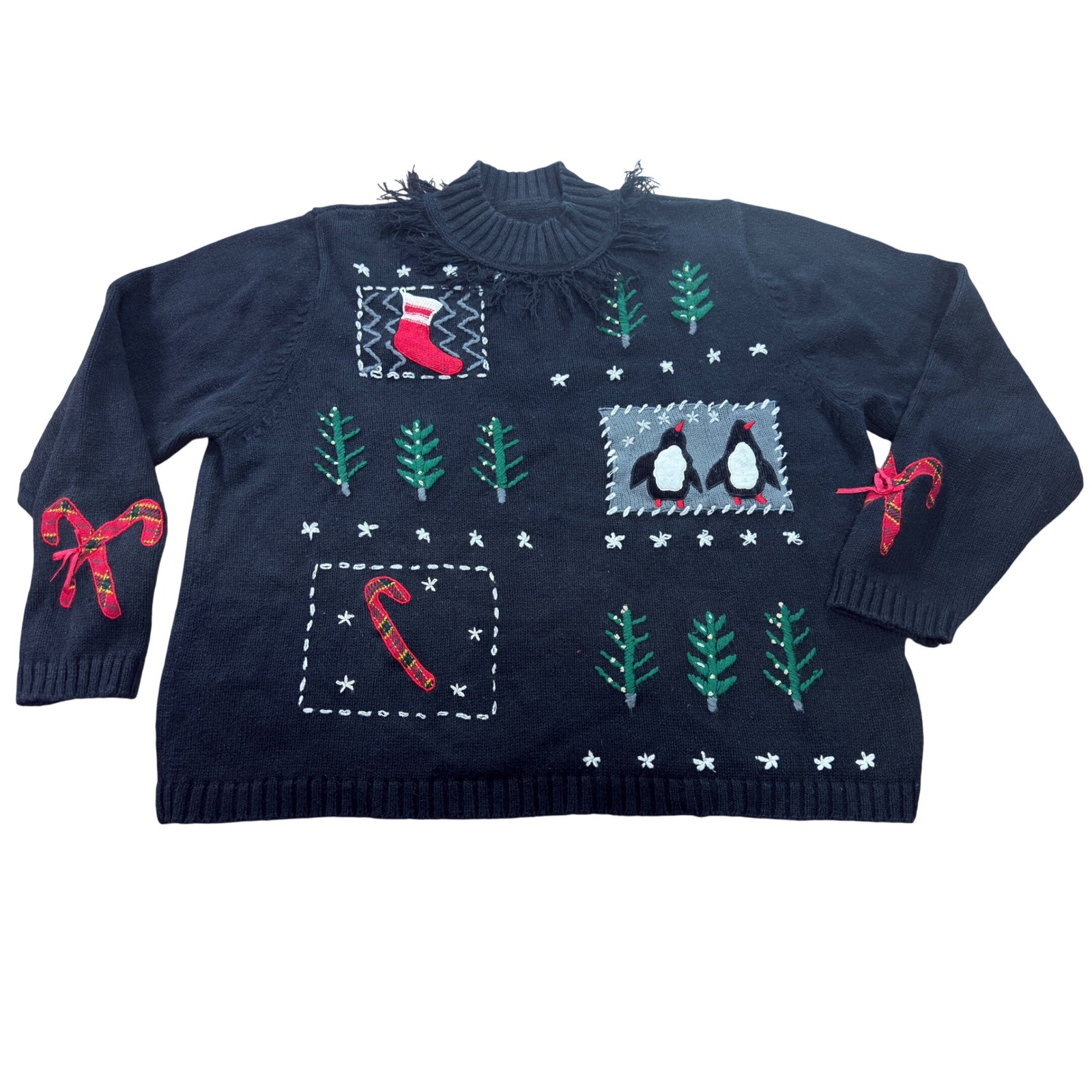 Vintage Christmas Sweater Women Large Black Fringed Mock Neck Penguin Stocking