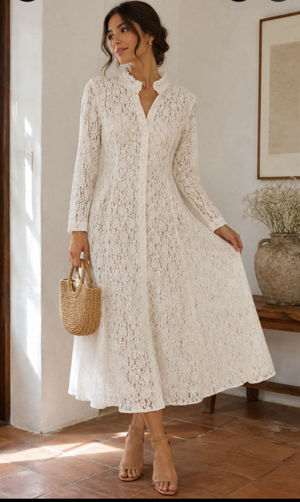 Vintage 80/90s Dawn Joy Fashions White Floral Lace Maxi Dress Duster Size 12