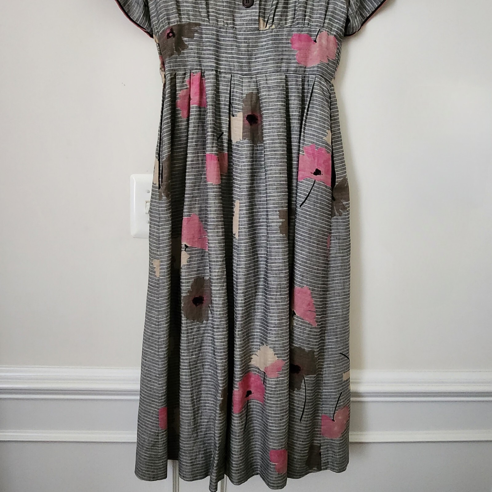 Vintage Albert Nipon Linen Cotton Gray Striped Floral Prints Dress 4 Pockets
