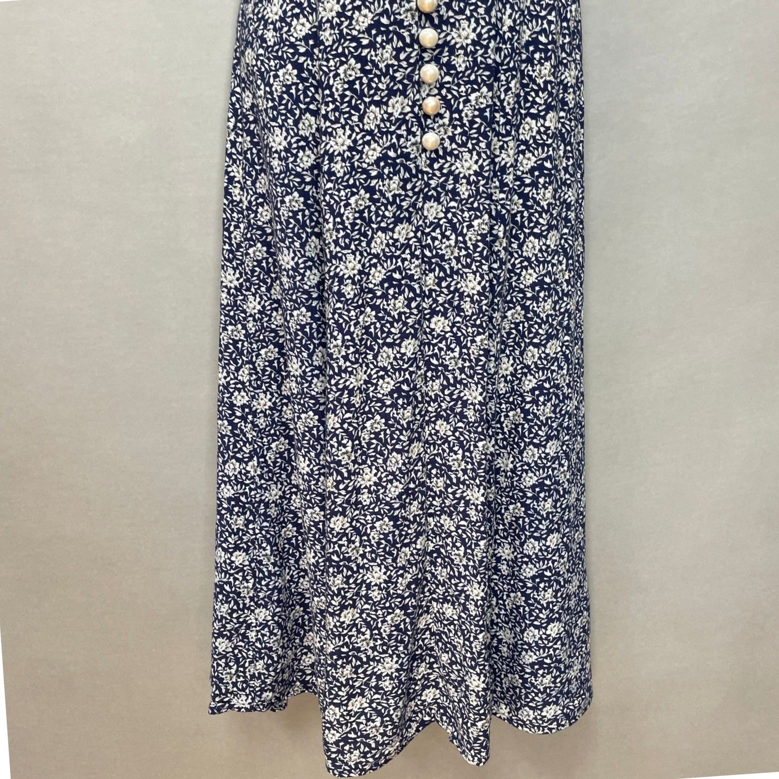 Vintage Paris Sport Club Dress Navy Floral Midi Faux Pearl Button Juniors Size 3