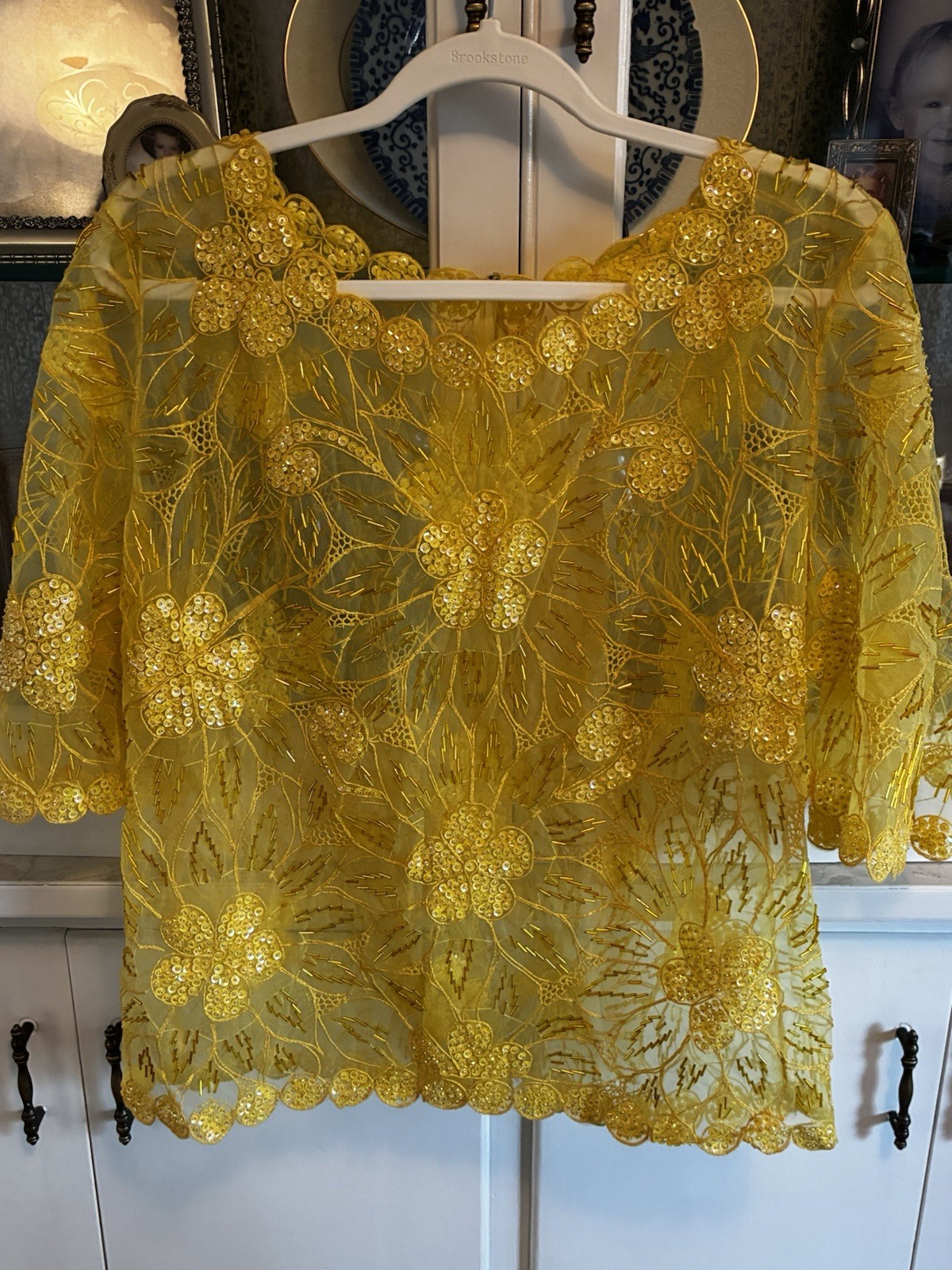 Yellow Vintage 1990s Beaded Sequin Sheer Short Sleeve Blouse Festive Glam S/M
