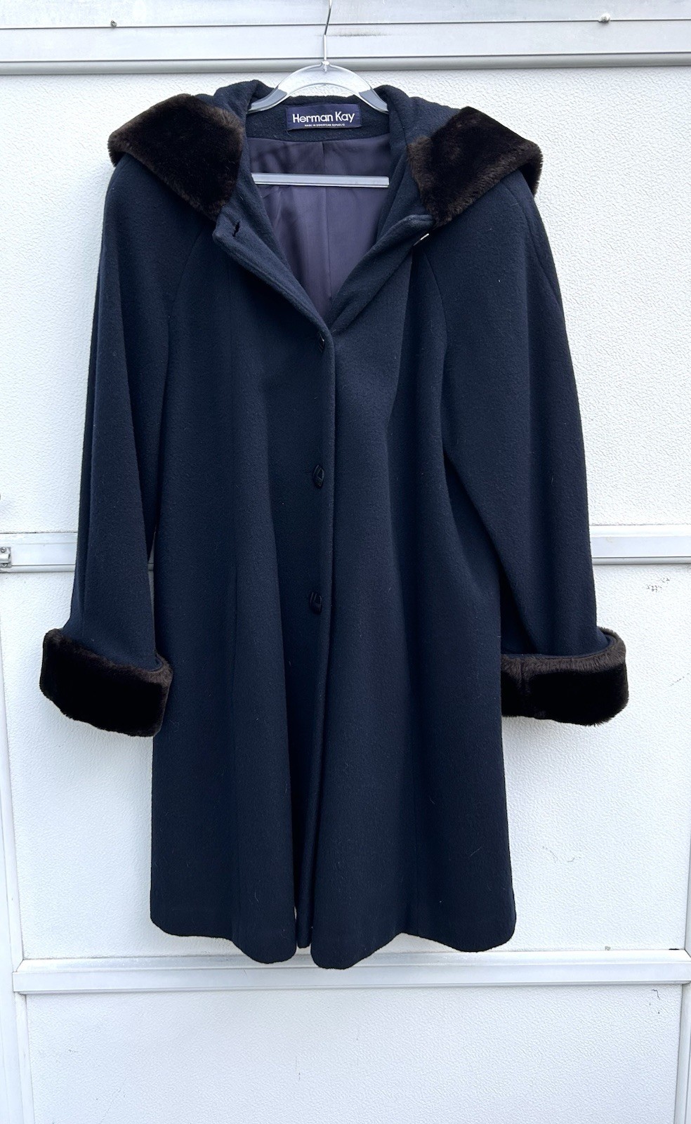 Vintage Coat Women 100% Wool Fur Trim Navy Blue Penny Lane Hood Sz 10 Herman Kay
