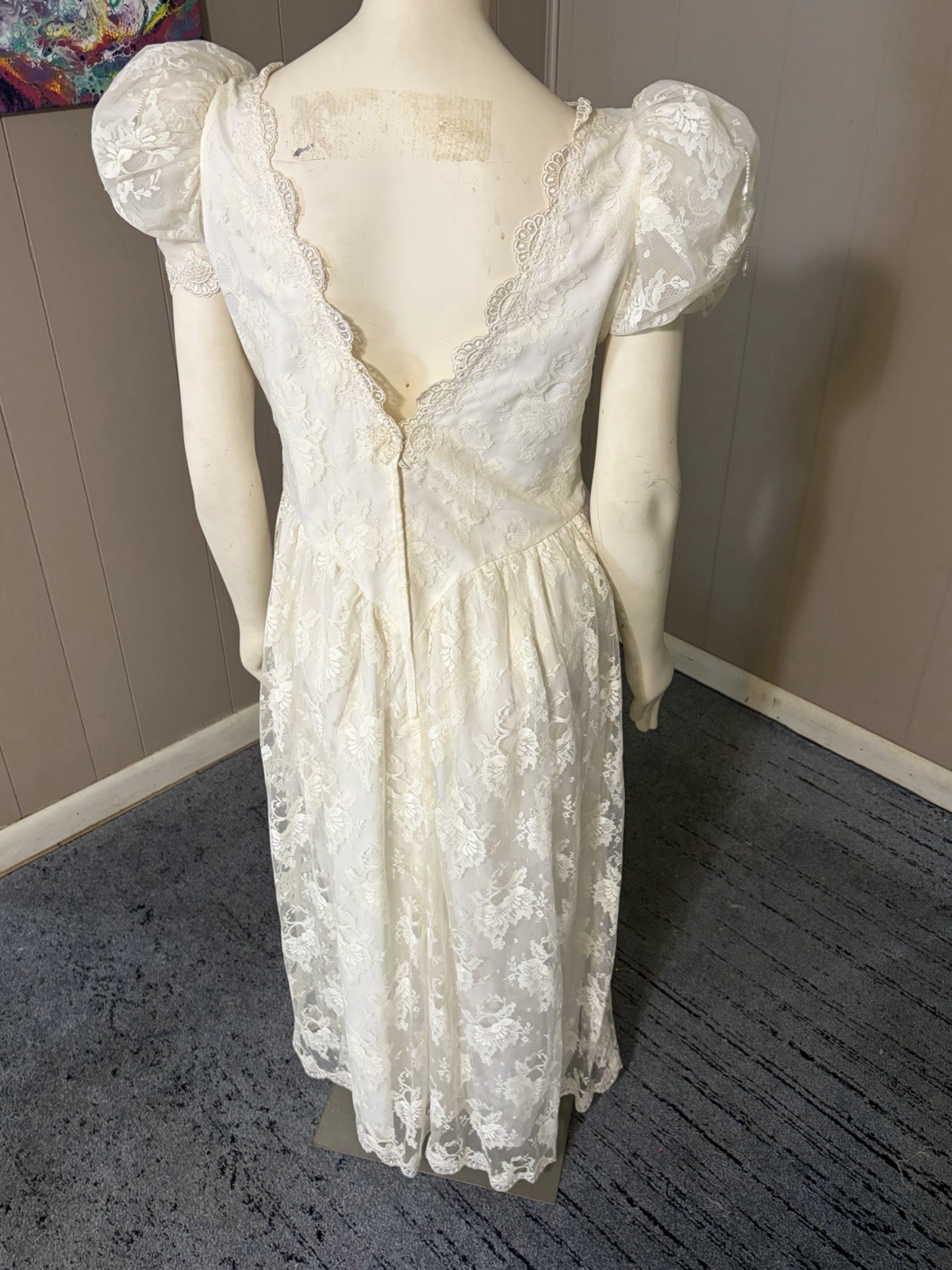 1990’s Puff Sleeve Lace Midi Wedding Dress Cottage Core Sz 12