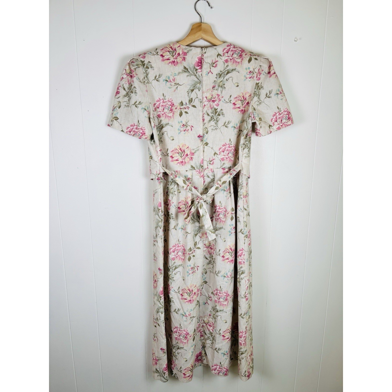 Vintage Peri Petites Dress Womens 10P Flax Blend Pink Floral Cottage Midi Dress