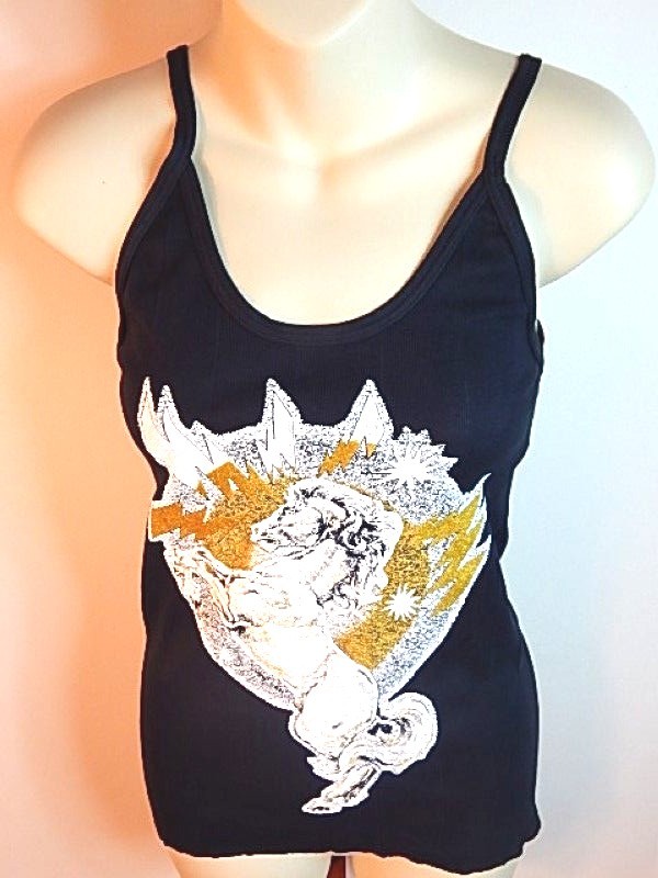 Nos Vintage Black Tank Top T Shirt Lightning Bolt Gold Fantasy Mythical Horse XL