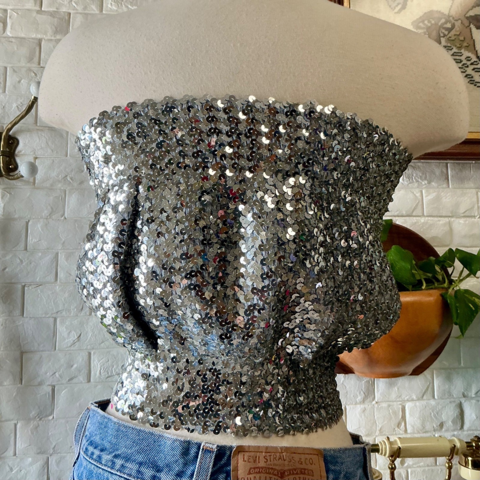 Vintage 1970s Disco Metallic Silver Sequin Tube Top