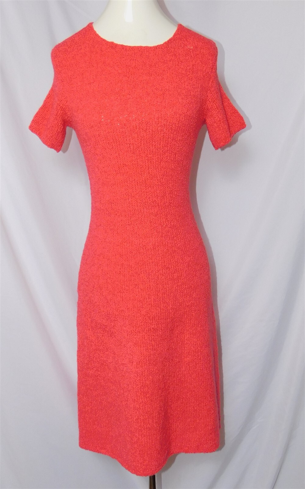 Vtg Knit Hot Pink Boucle 2 Pc Cardigan Short Sleeve Dress Set Outfit 1960s