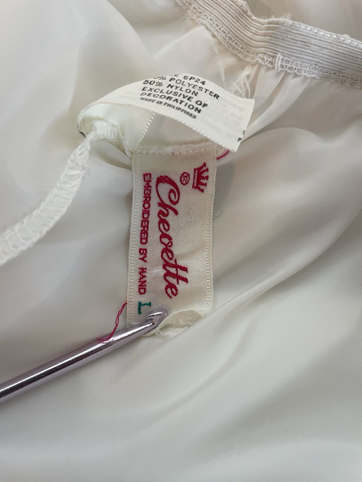 Vintage 1970’s Chevette Long Slip White Hand Embroidery Floral Women Large Flaw