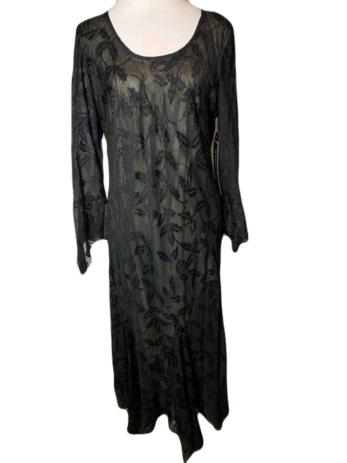 Vintage 90s NWT TEMPTATION Mesh Maxi Dress Whimsigoth Beaded Goth Fairy Sleeve