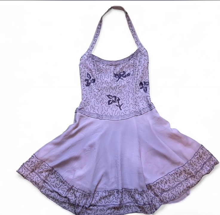 Betsy Johnson Evening Vintage Halter Dress 100% Beaded Euro 40 Size Small Purple