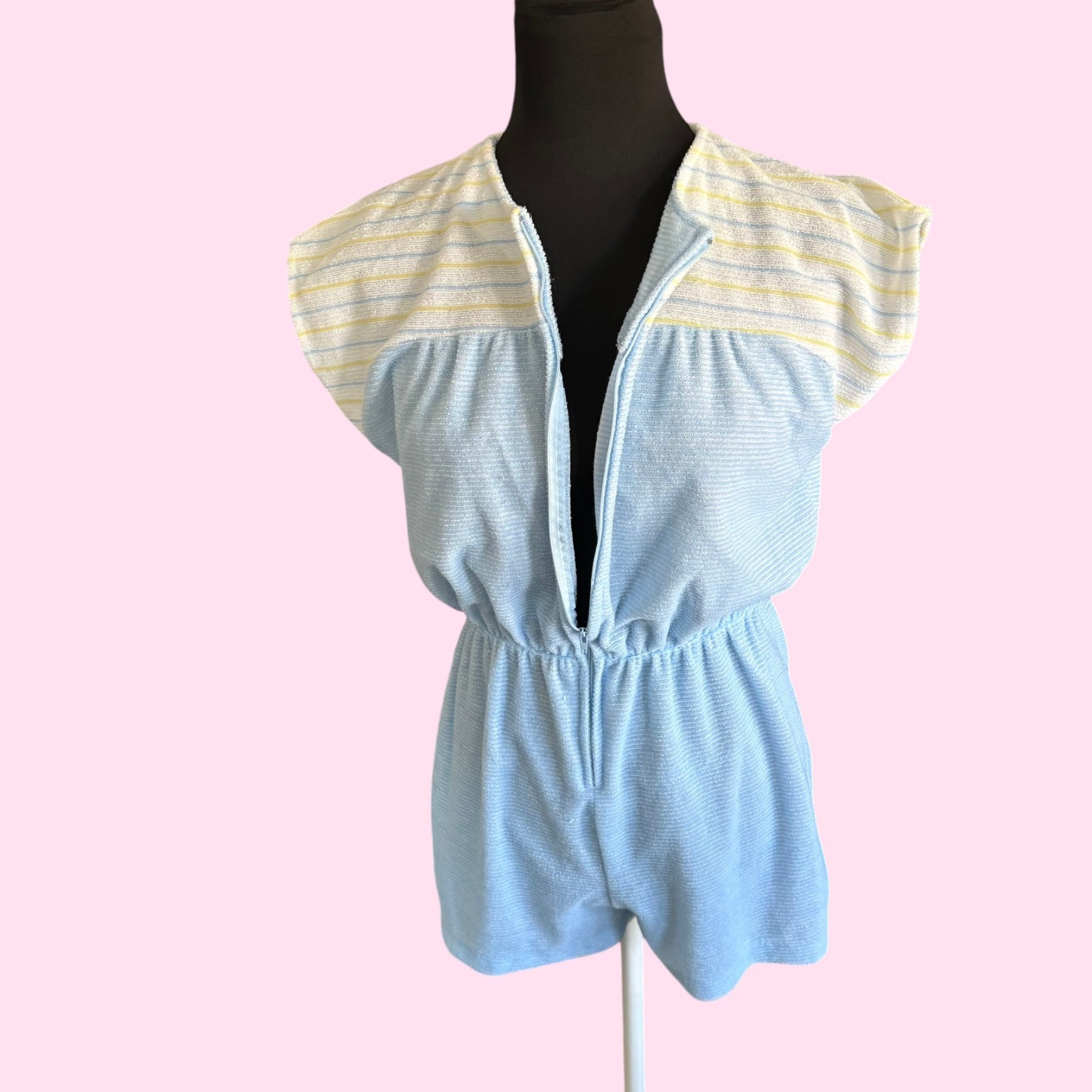 Vintage 70s Pastel Blue Striped Terry Cloth Romper Playsuit by Gina Size M