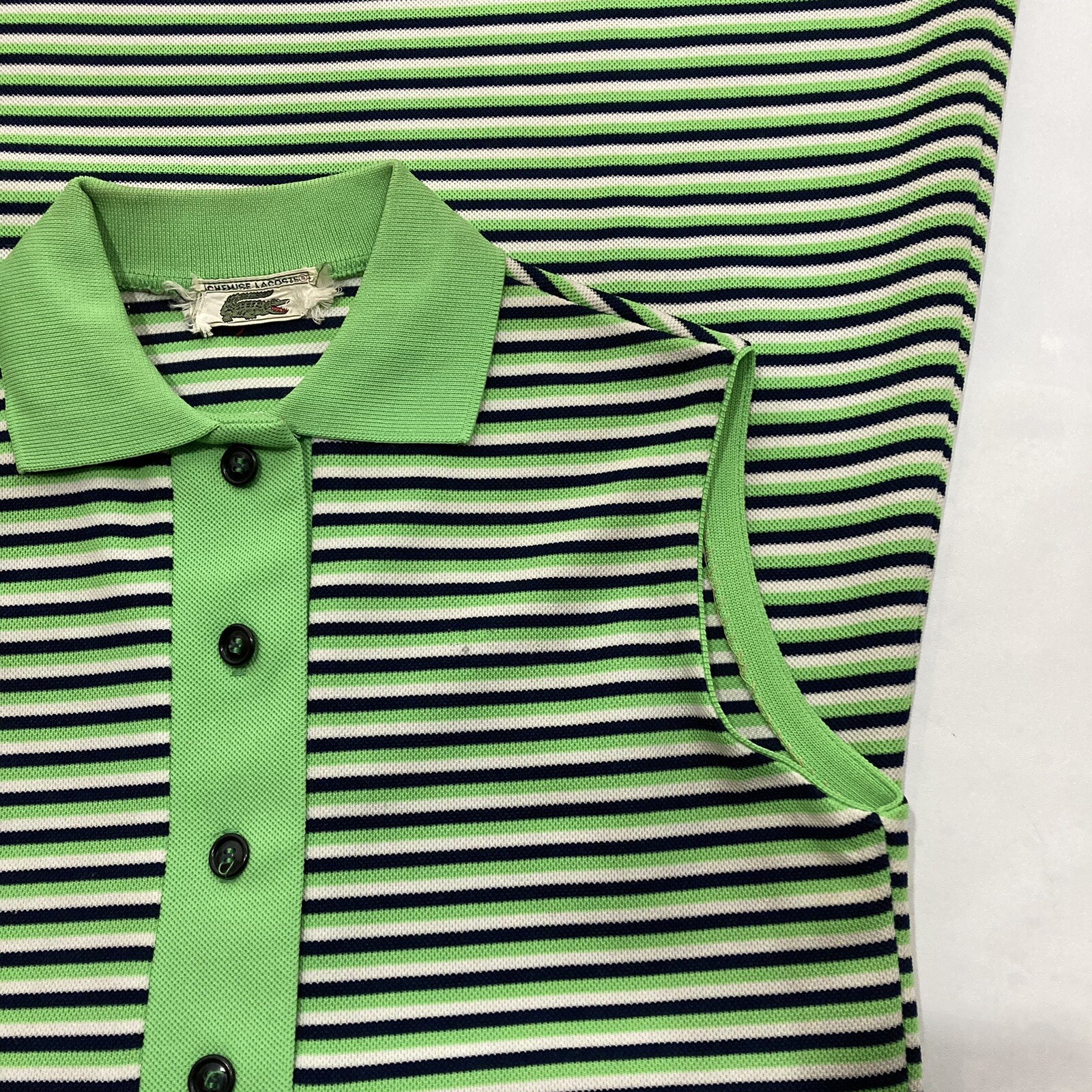Vtg 70s Chemise Lacoste Shift Dress Med Lime Green/Black Stripe Mod Go-Go Preppy