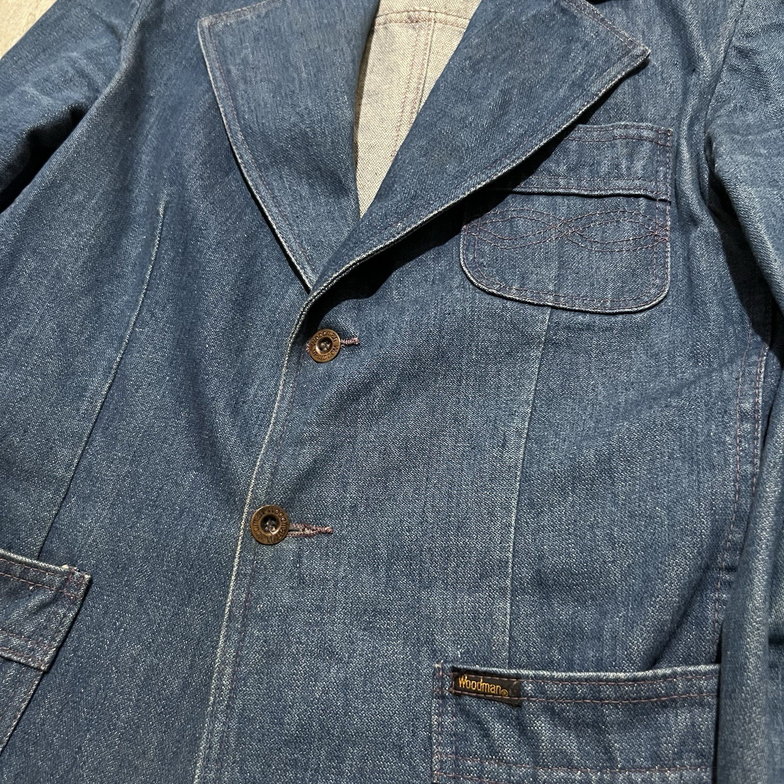VTG Woodman 1970s Denim Western Blazer Jacket Hippie 2 Button 3 Pocket Boho S