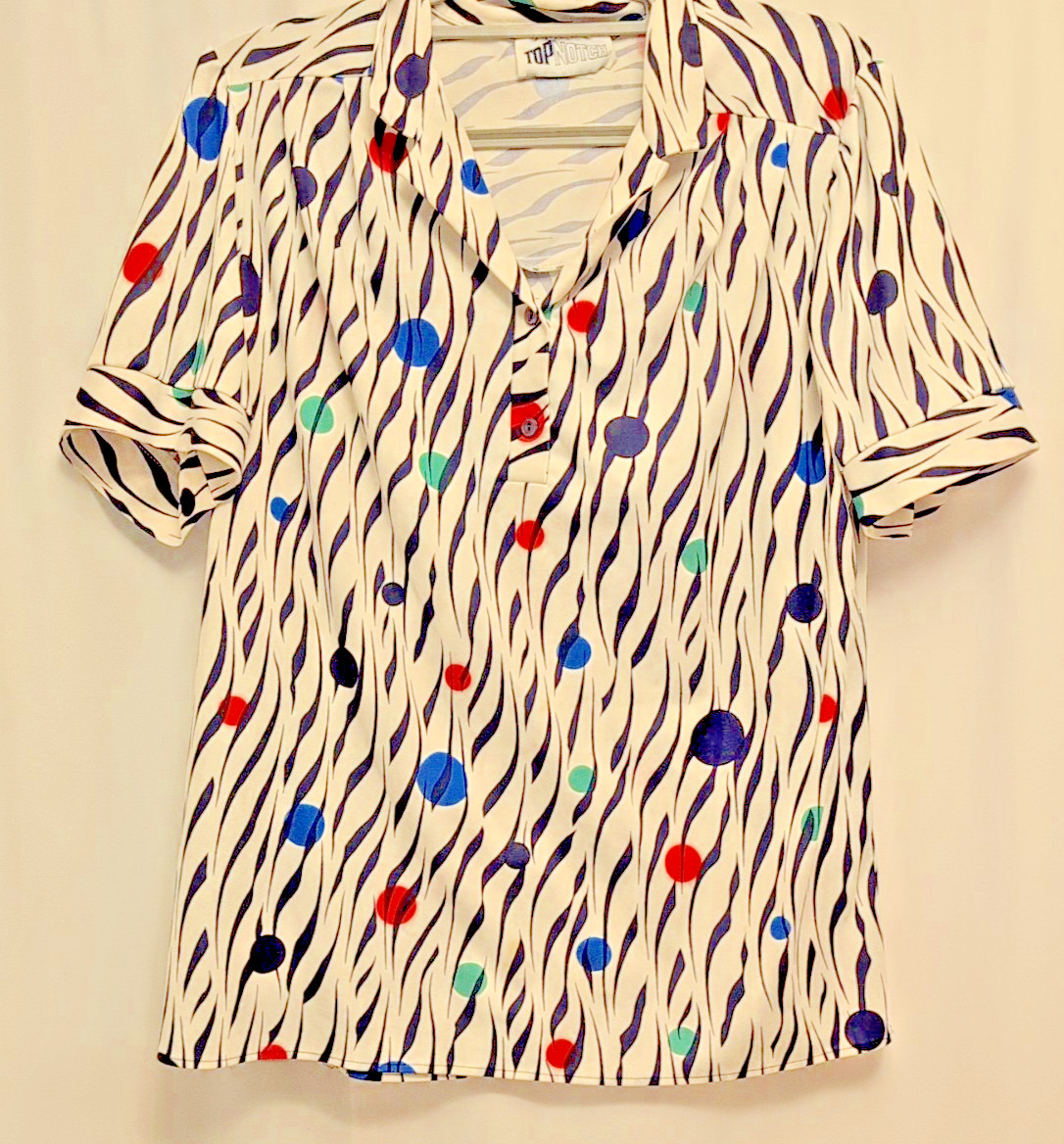 90s VTG Wmn’s Top: top notch polka dots lines multicolor READ