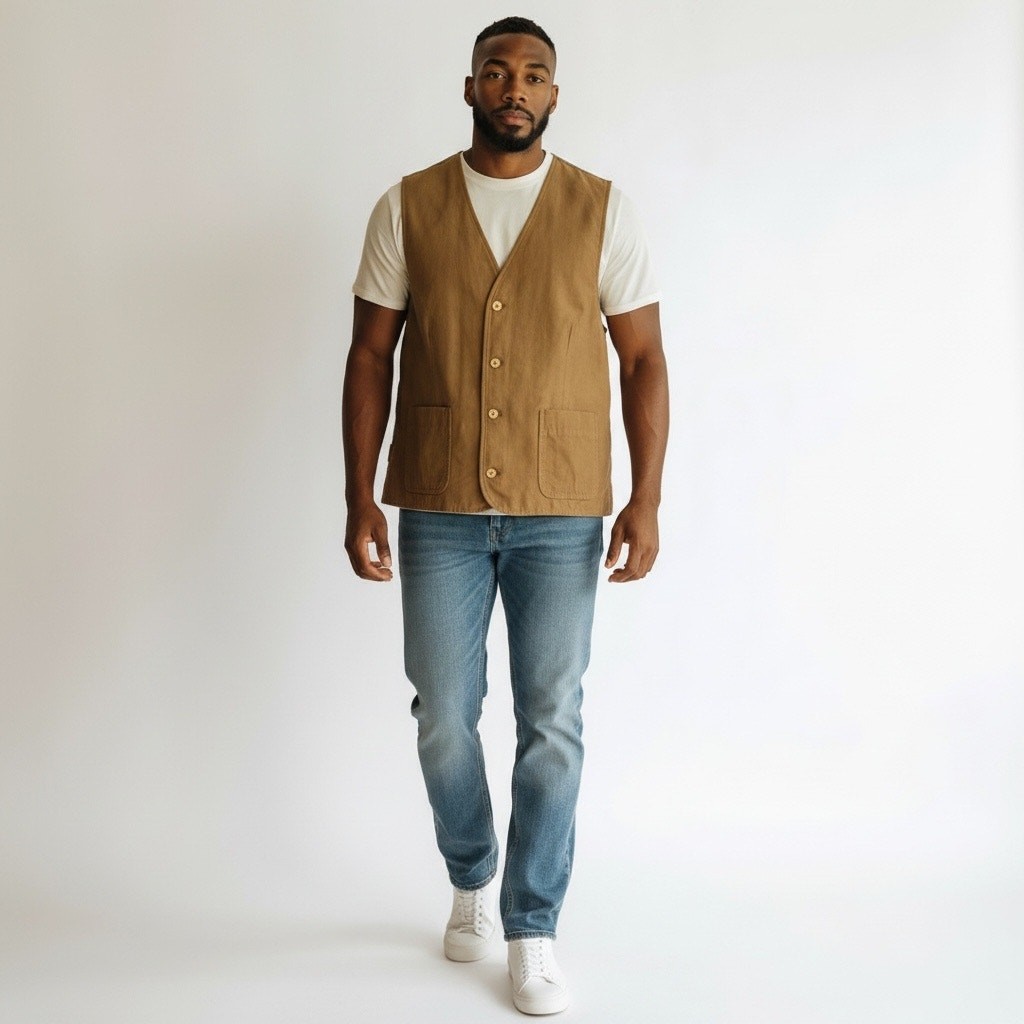 Mens Mocha Brown Faux Suede Vest Button up Summer layering Top Large ^