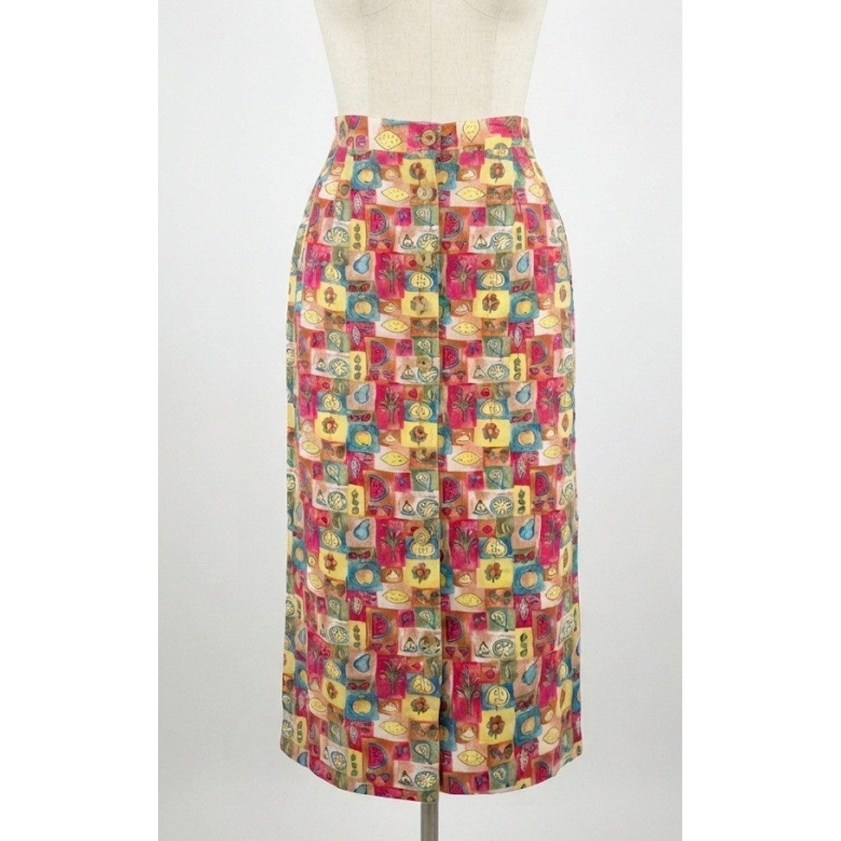 Vintage 90s Fruit Print Button Front Midi Skirt L High Waisted Patchwork