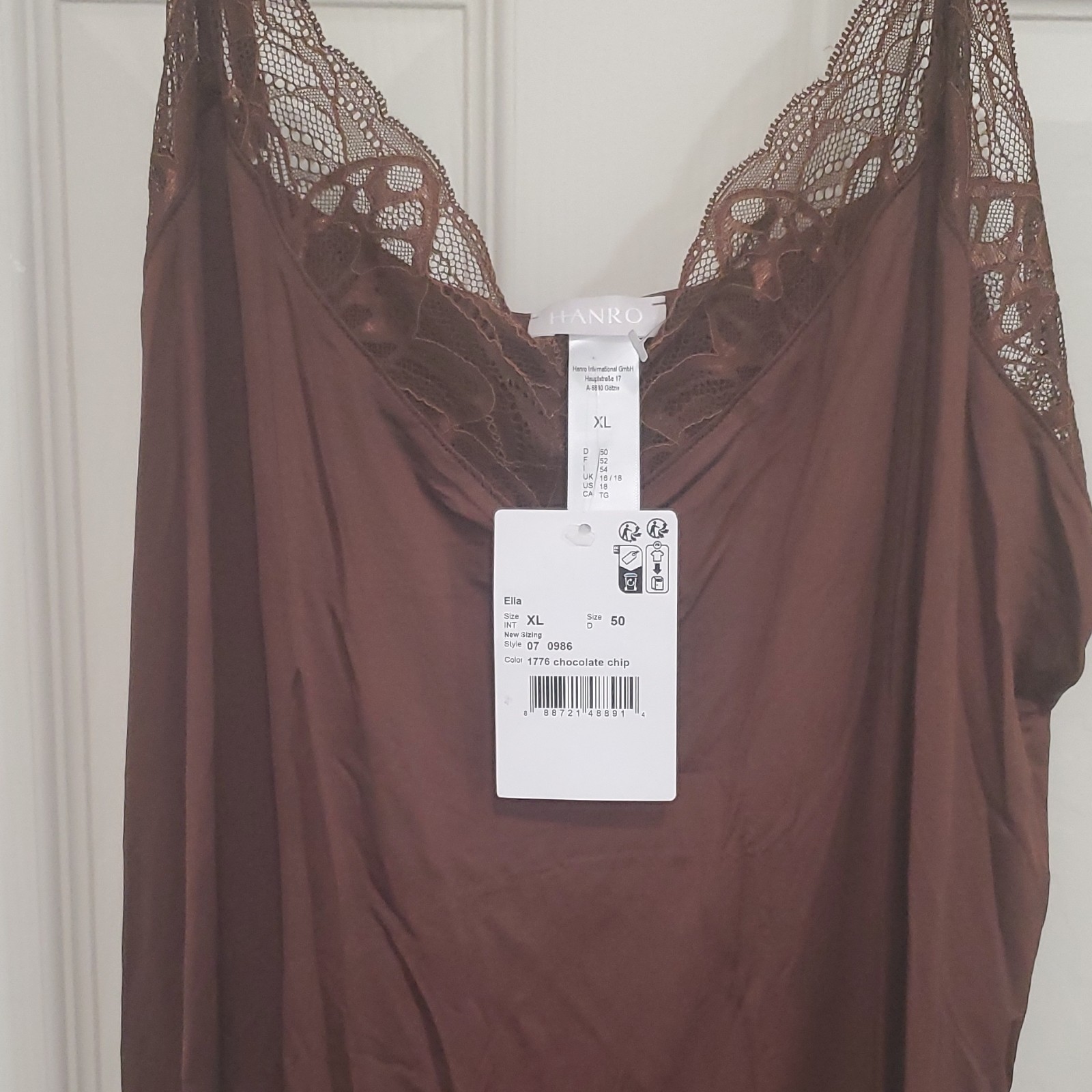 HANRO Elia Lace Trim Slip Chemise XL Brown Spaghetti Straps