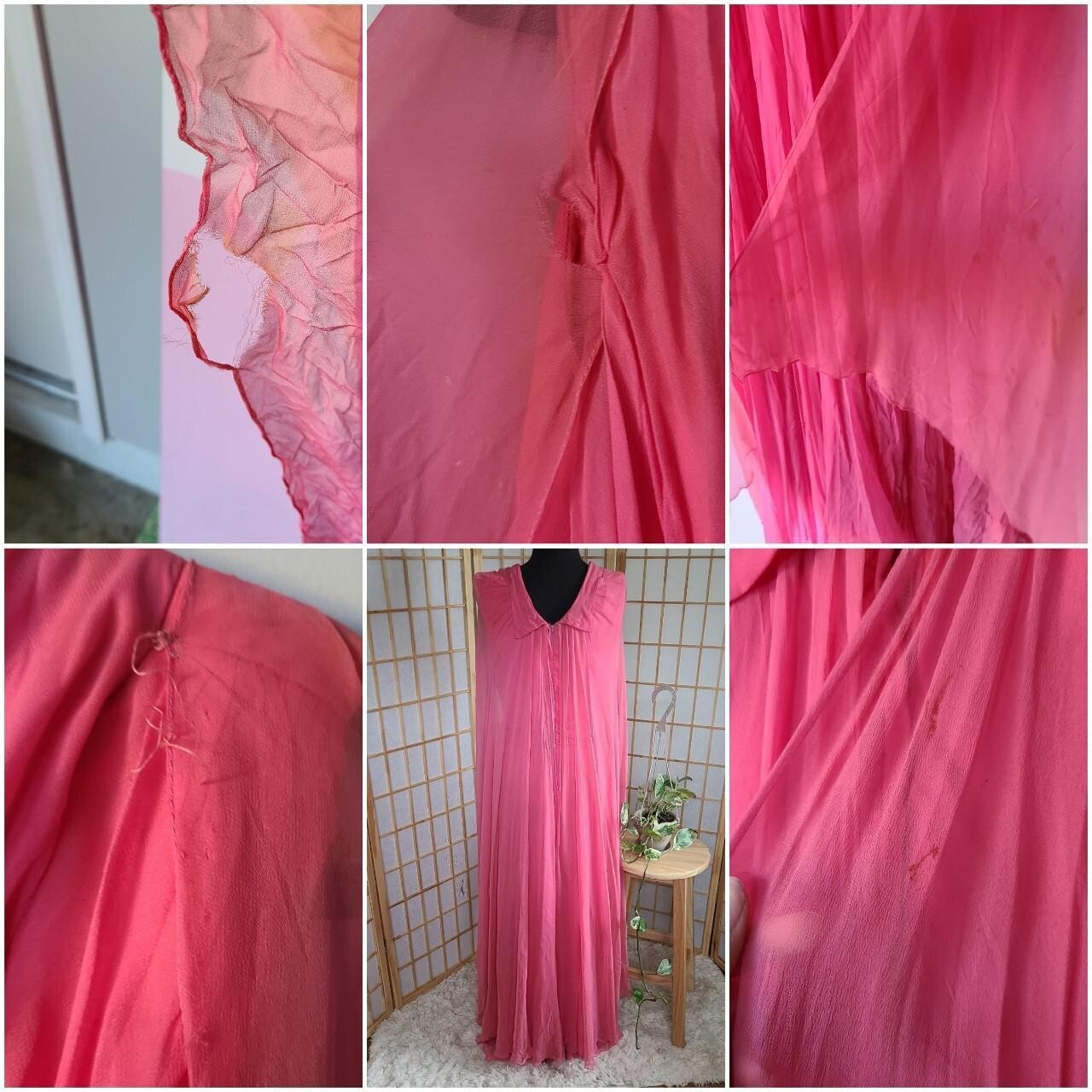 Vintage 60s Pink Silk Rayon Chiffon Gown with Rhinestone