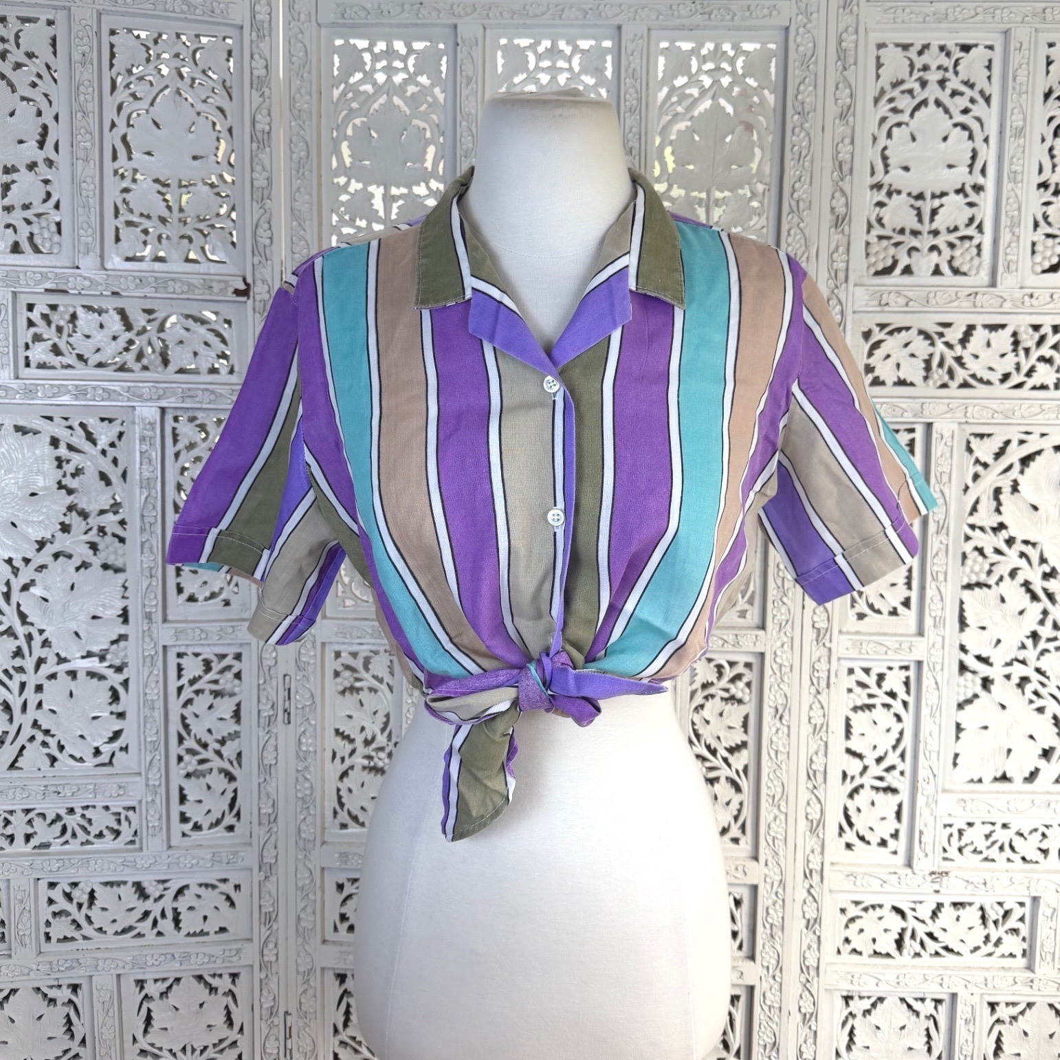 Vtg 80’s Purple Striped Tie Front Crop Top Womens M/L Retro Colorful Coastal