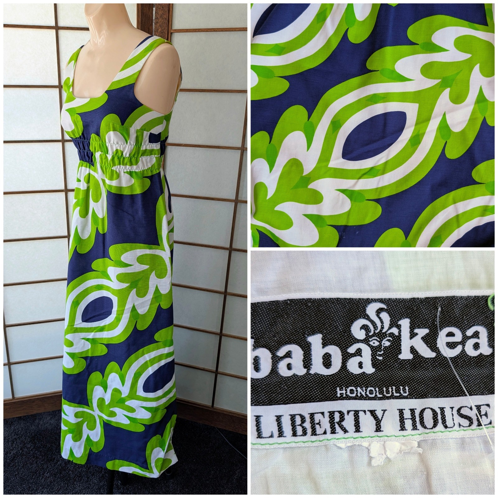 Vtg 60s Baba Kea Honolulu Liberty House Hawaiian Maxi Dress Mid Mod Flower Power