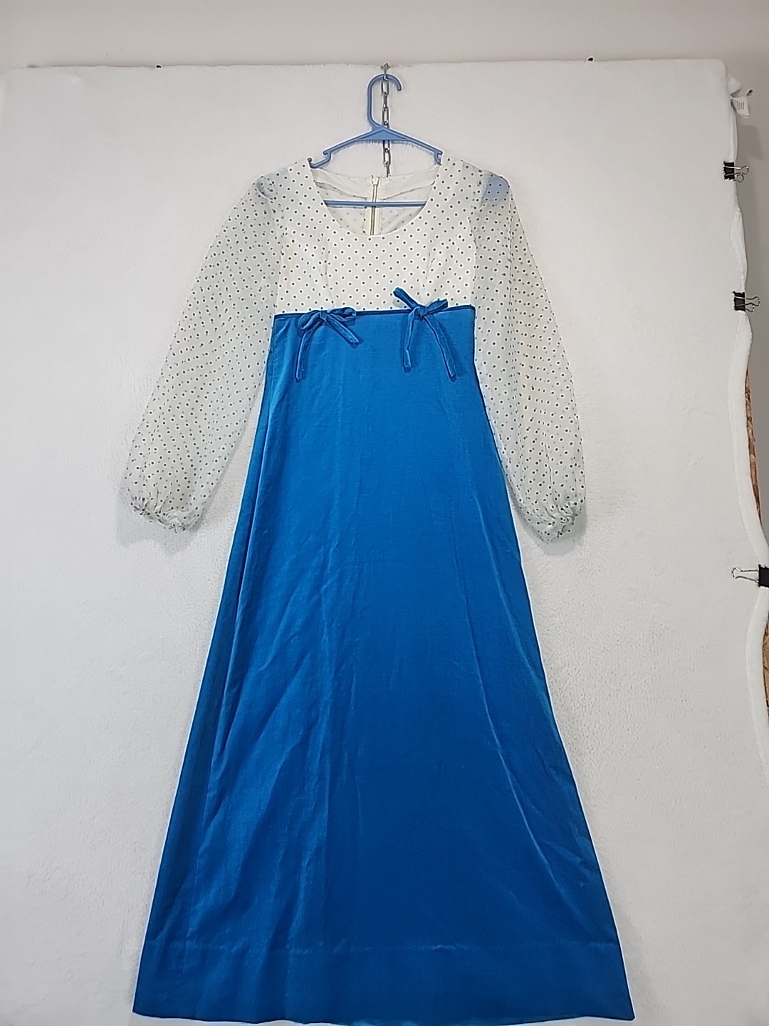 Vtg 60s 70s Empire Waist Maxi Dress Homemade Sheer Sleeve Aqua Blue Velvet