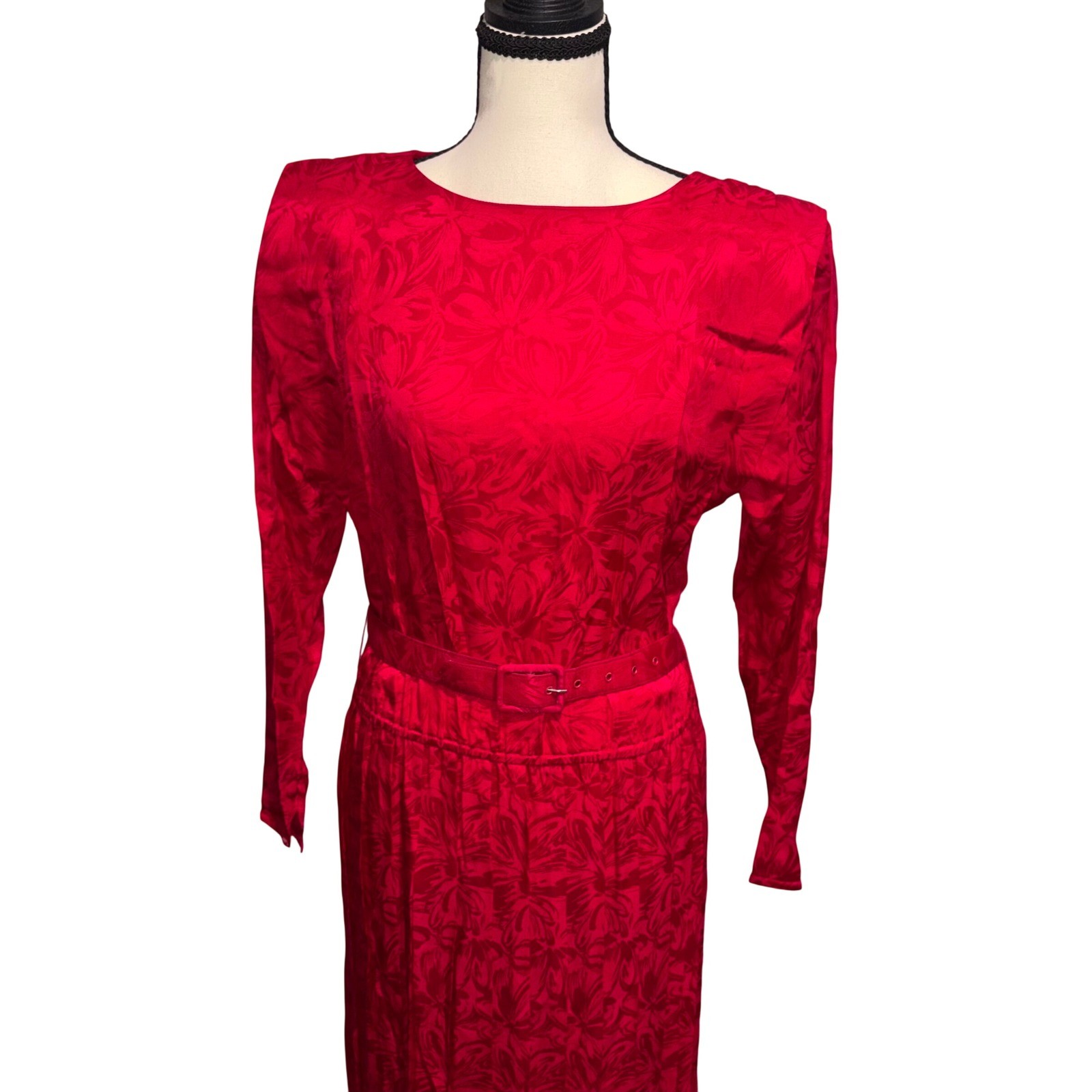 Vintage Silk Jacquard Midi Dress 80s Mob Wife Women 10P Red Argenti Petites