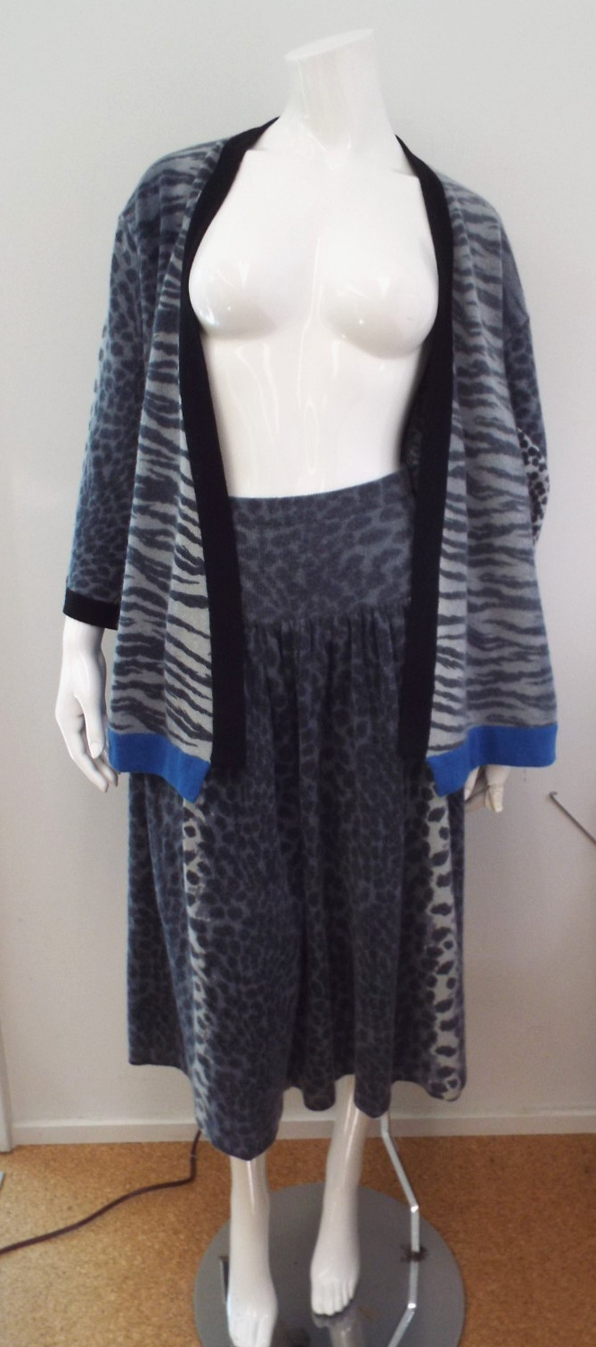 Vintage 1980s KENZO Sweater & Skirt Lambswool Angora Gray Animal Print Blue