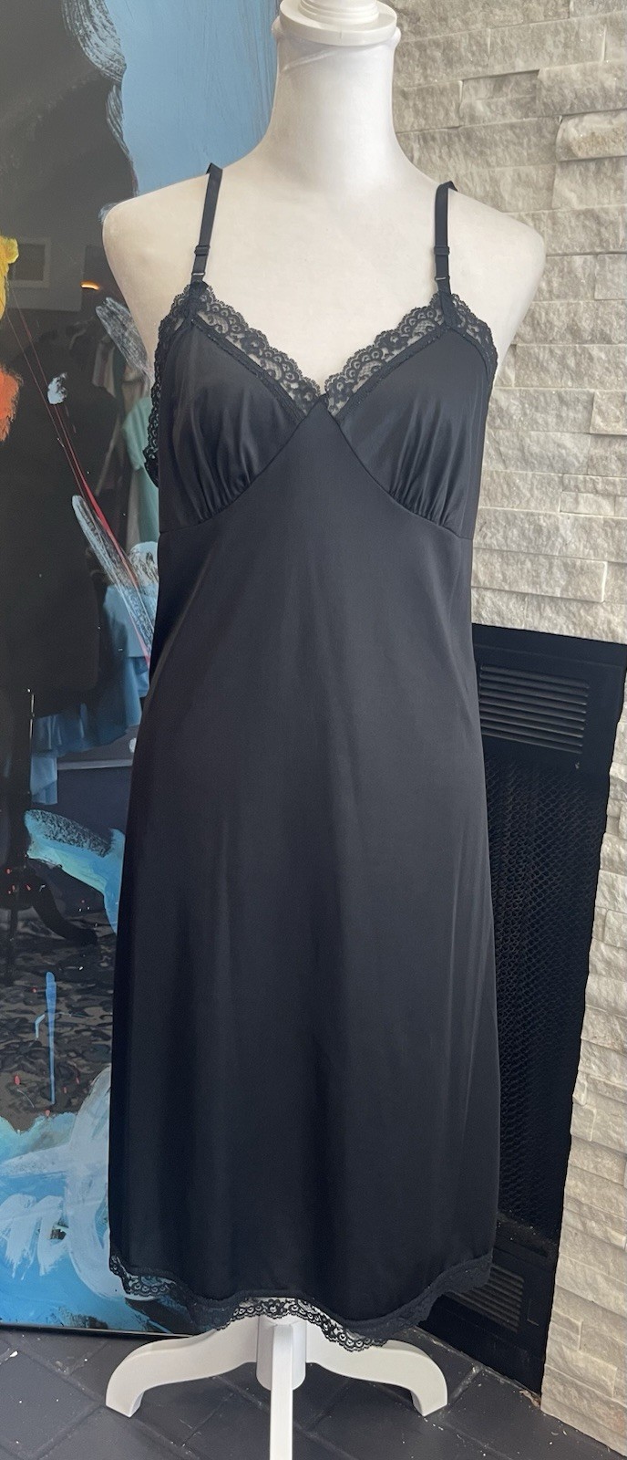 VINTAGE JET BLACK WITH BLACK LACE FIRST LOVE WOMEN’S FULL NYLON SLIP IN SIZE 36