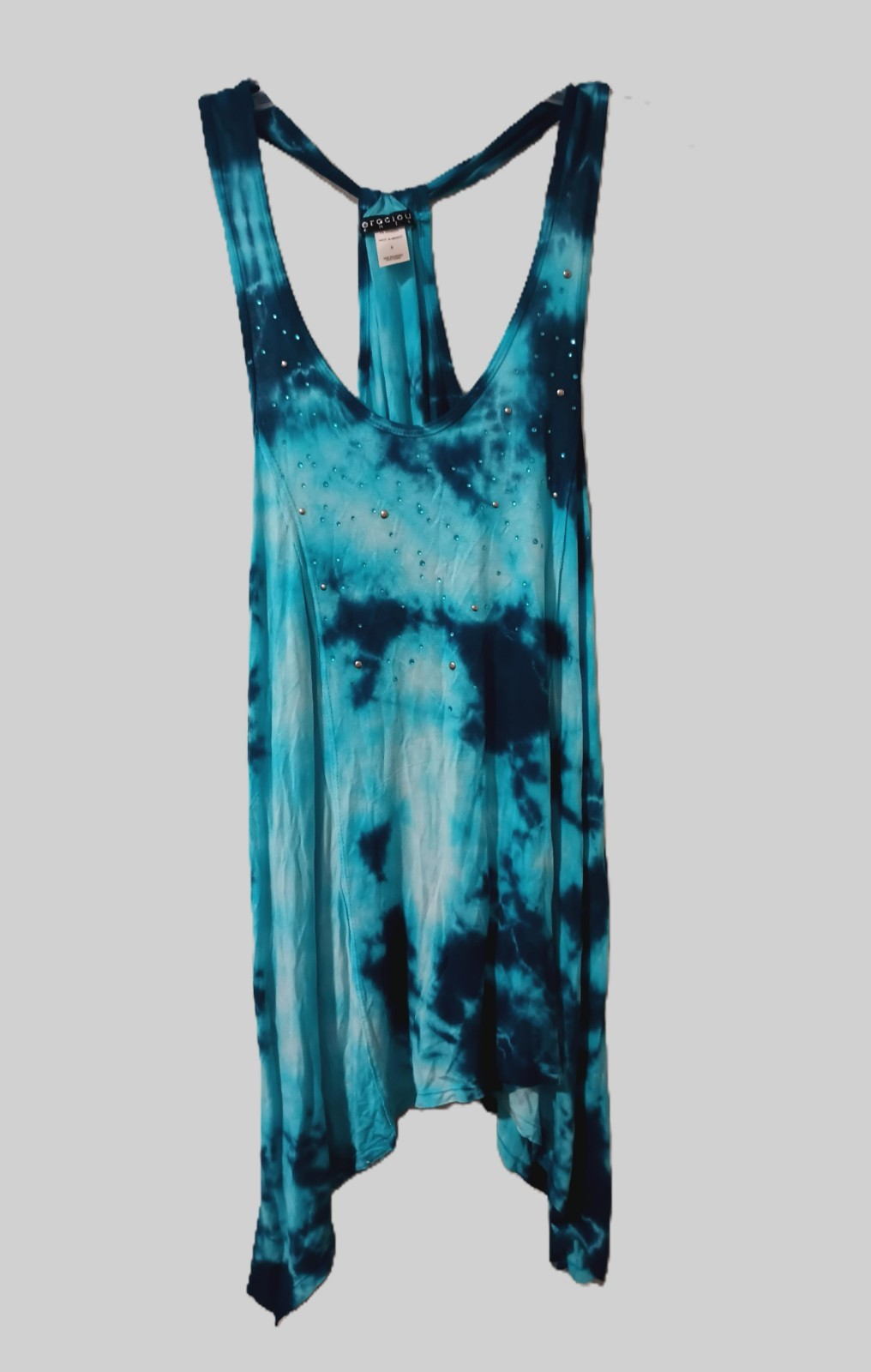 Vtg Y2K Teal Tie Dye Asymmetric Racerback Tunic Top swim coverup summer S